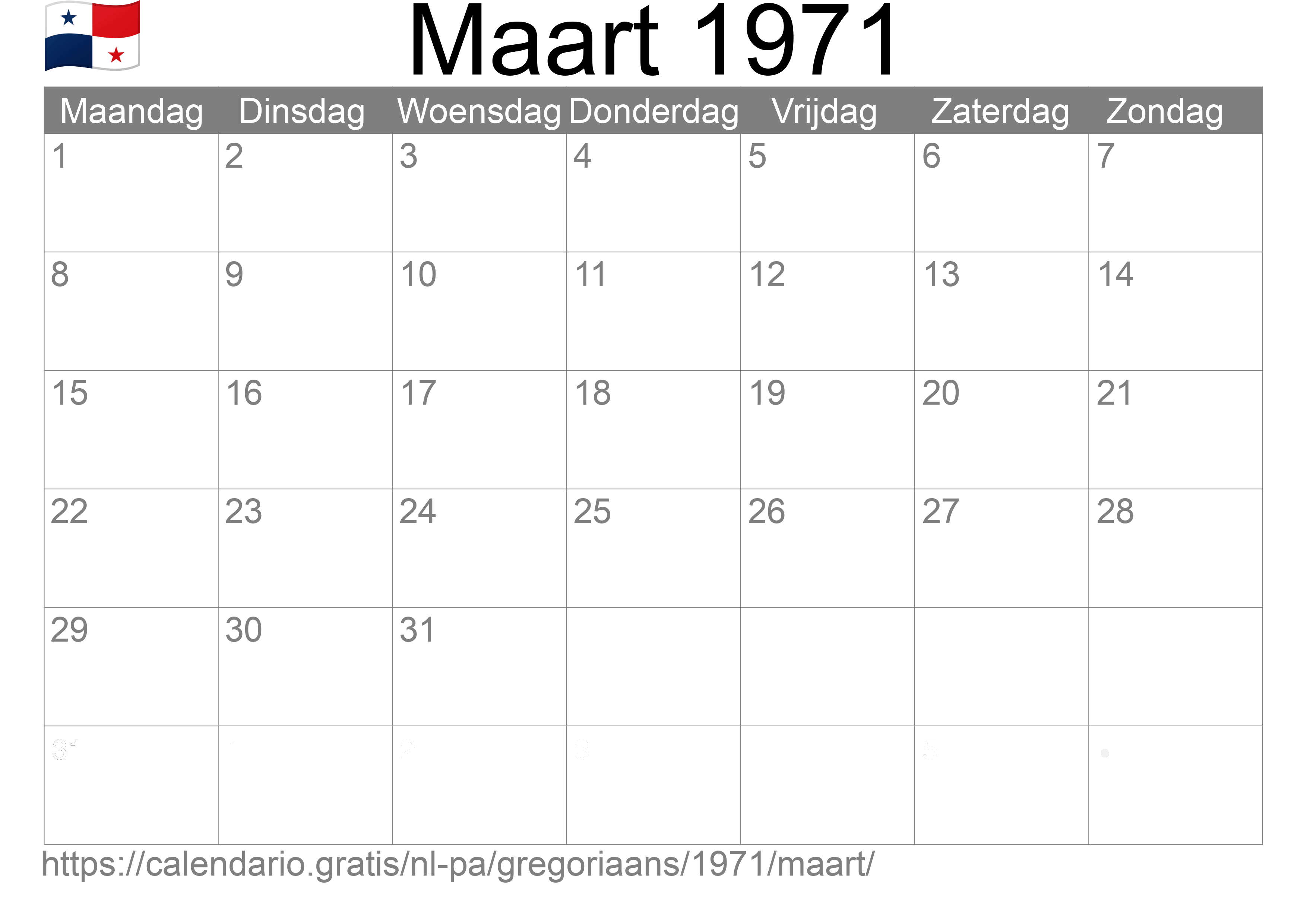 Kalender Maart 1971 om af te drukken