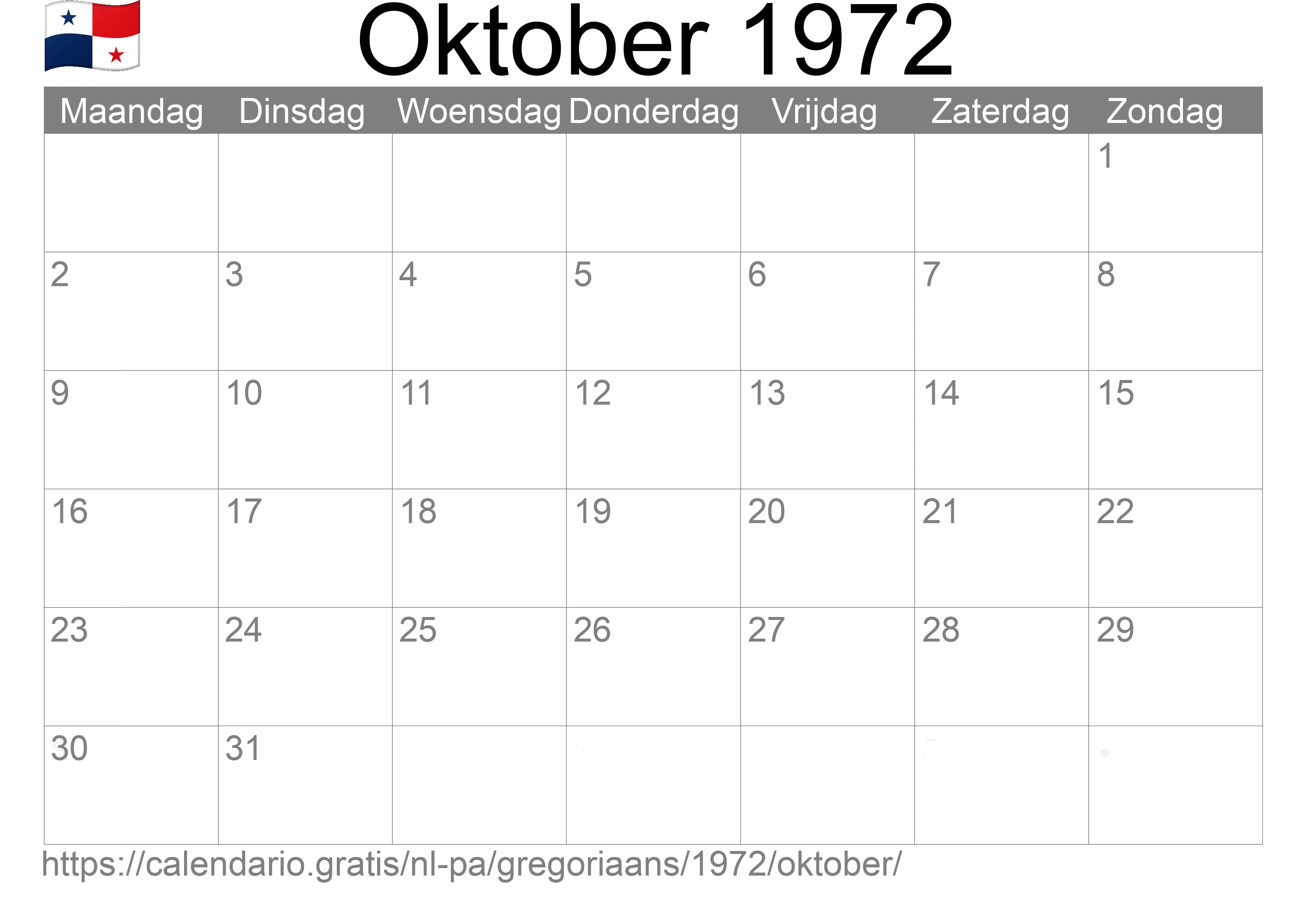 Kalender Oktober 1972 om af te drukken (Panama)