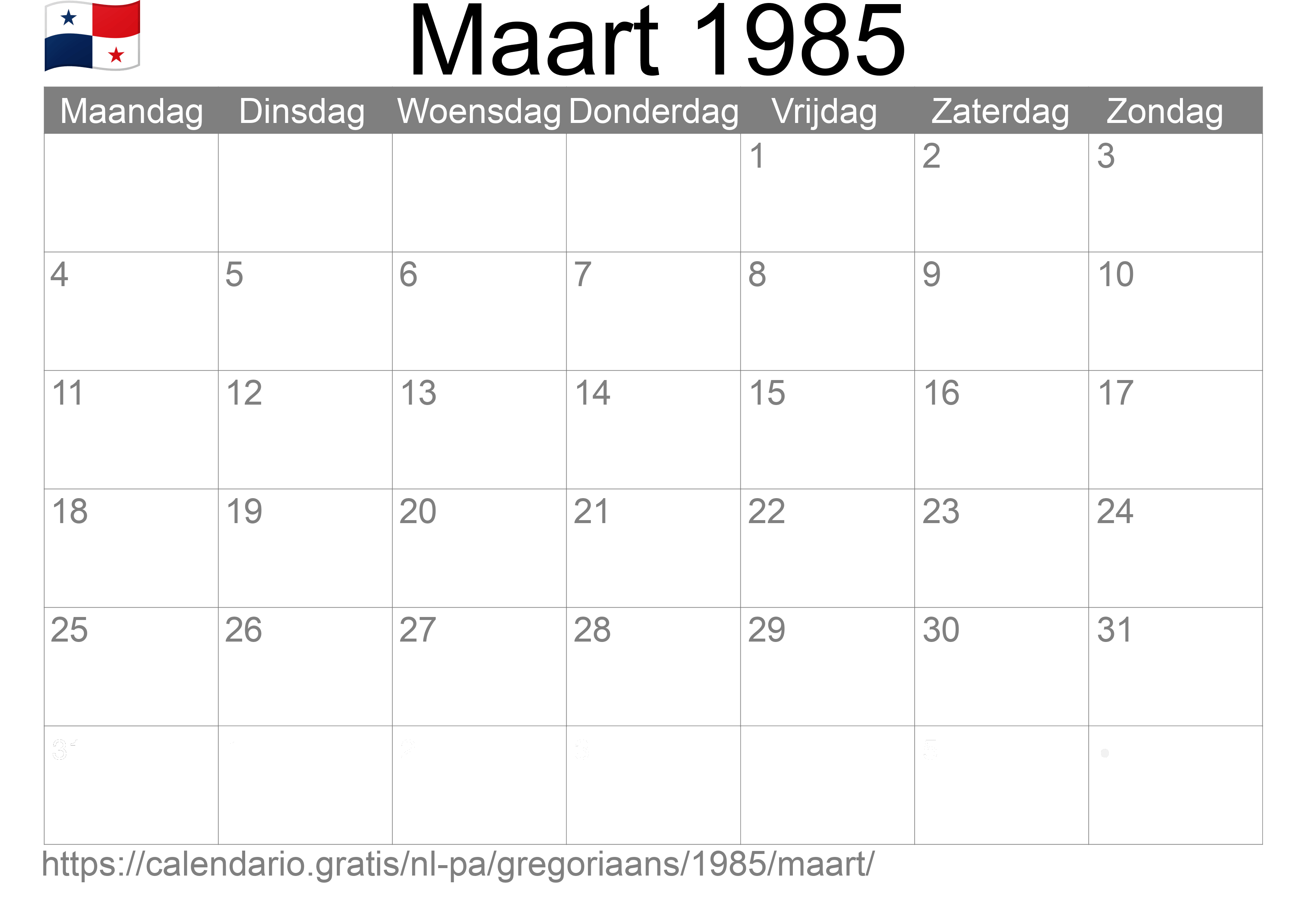 Kalender Maart 1985 om af te drukken