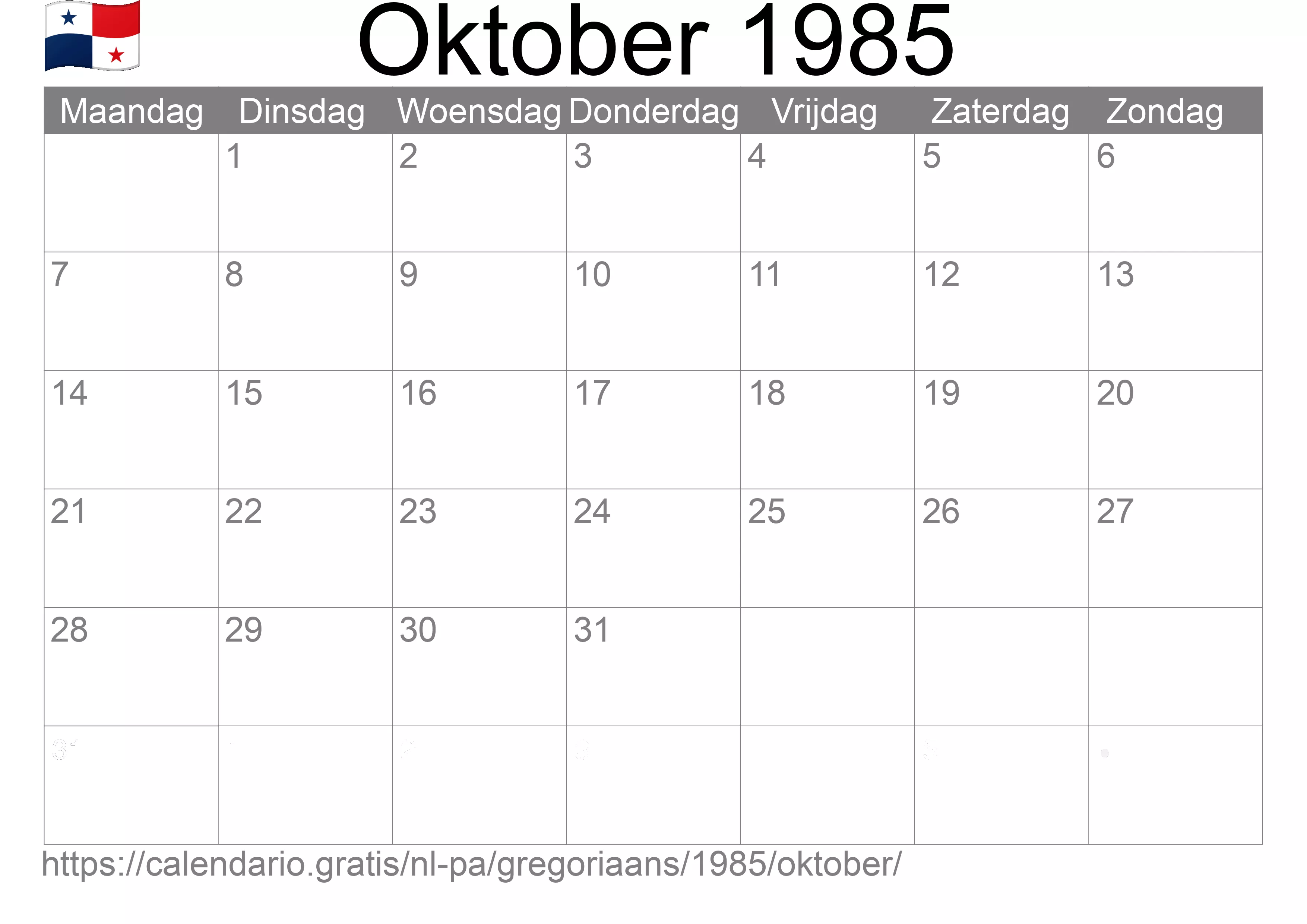 Kalender Oktober 1985 om af te drukken (Panama)