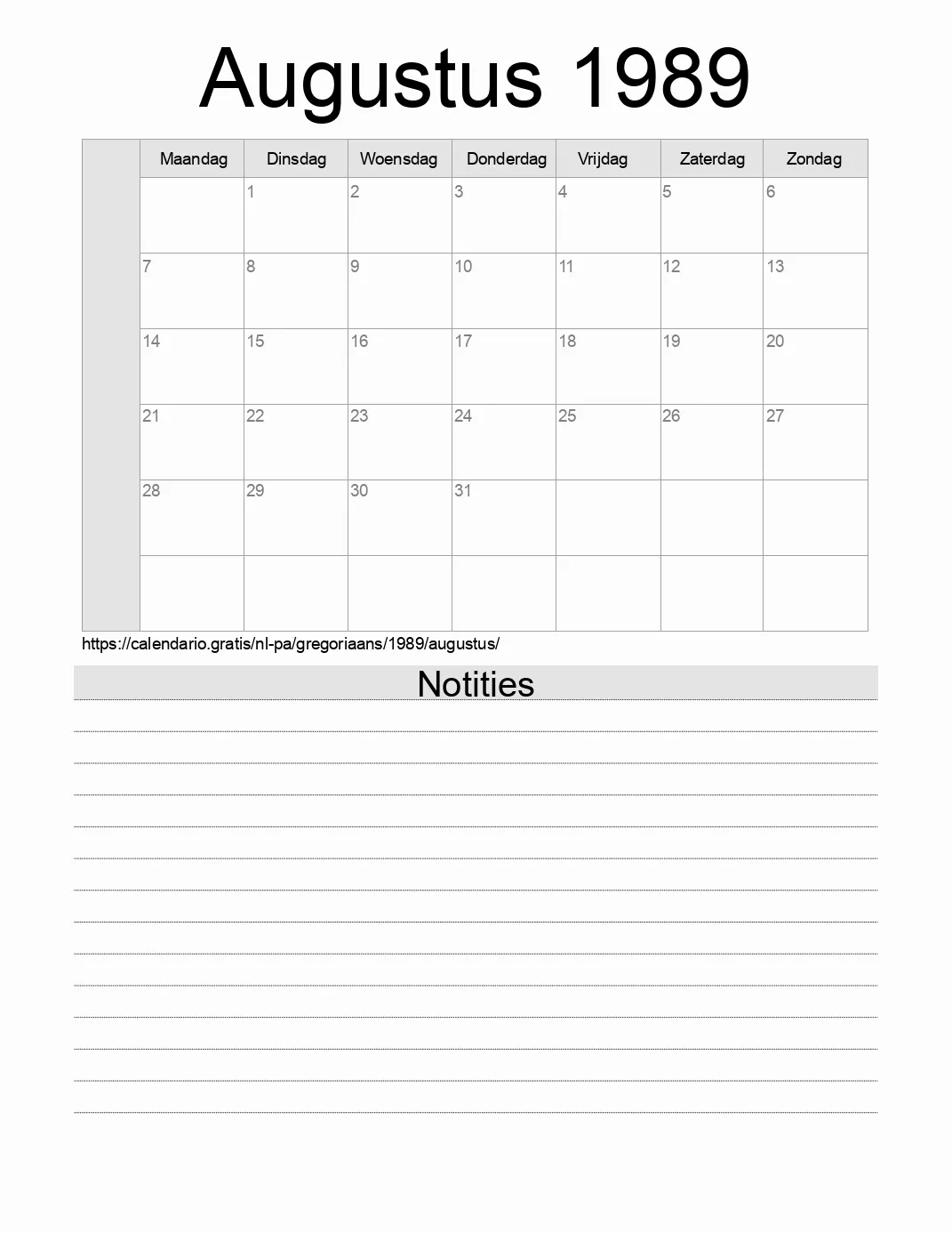 Kalender voor Augustus 1989 om af te drukken met notities. (Panama)