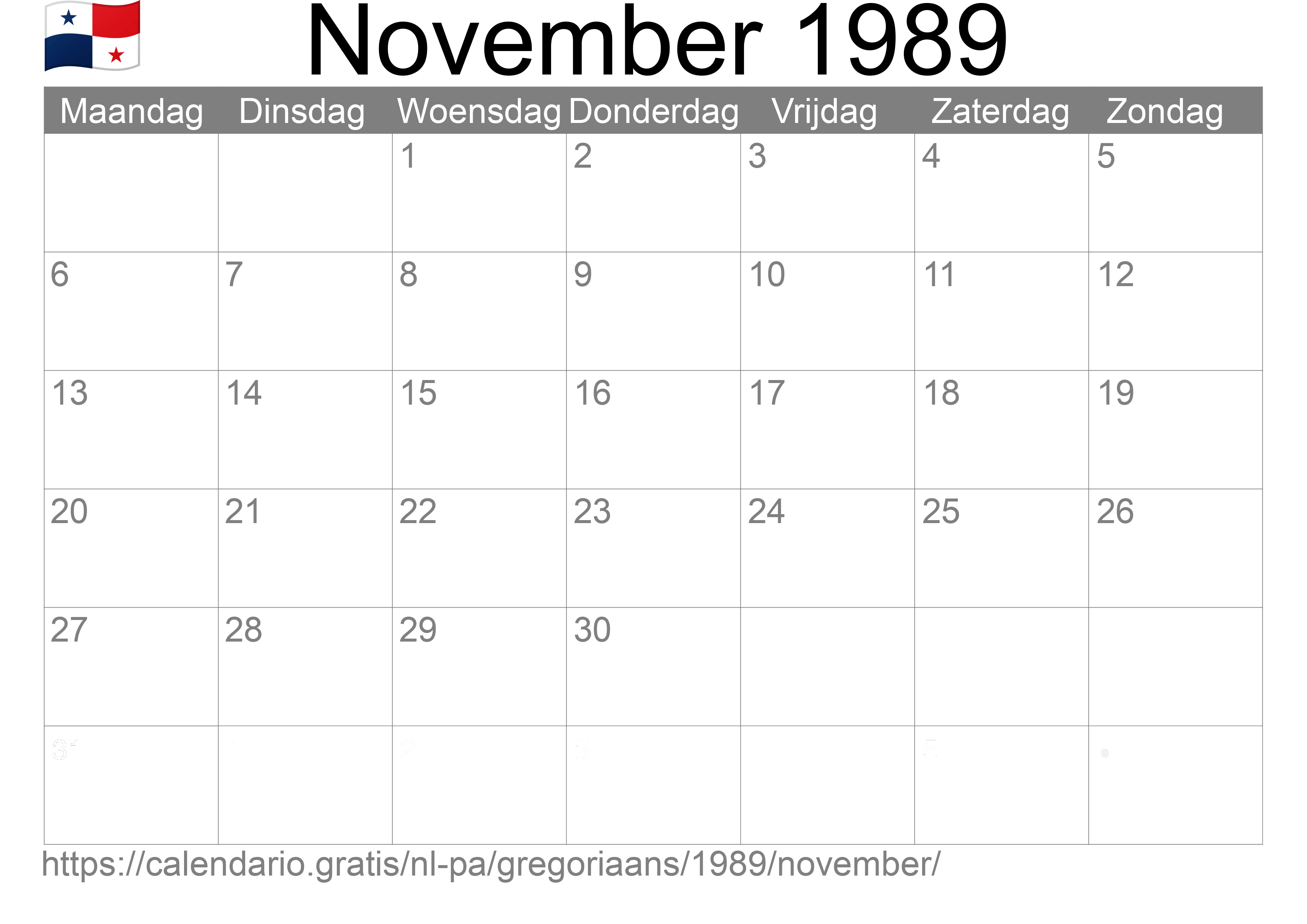 Kalender November 1989 om af te drukken