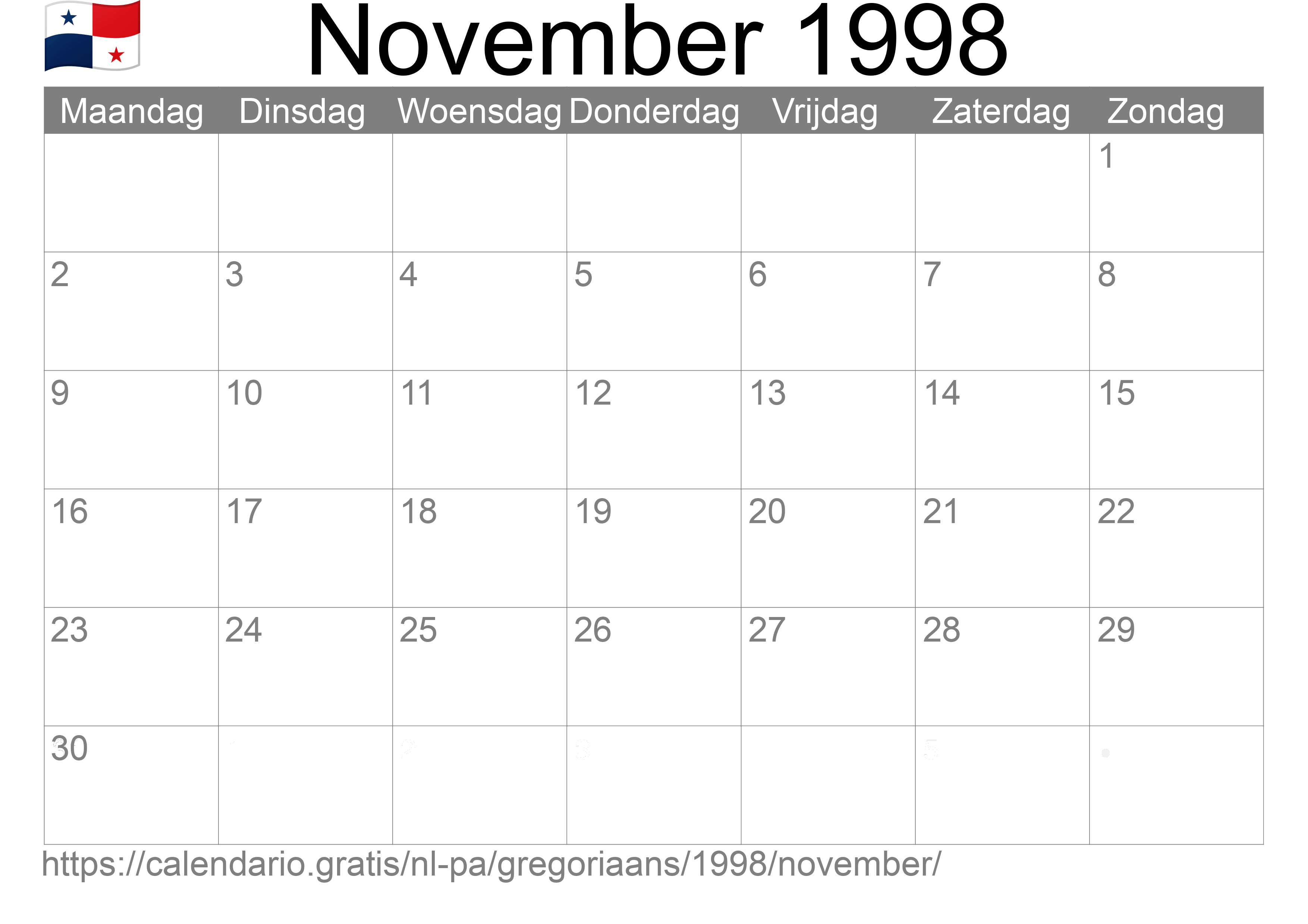 Kalender November 1998 om af te drukken