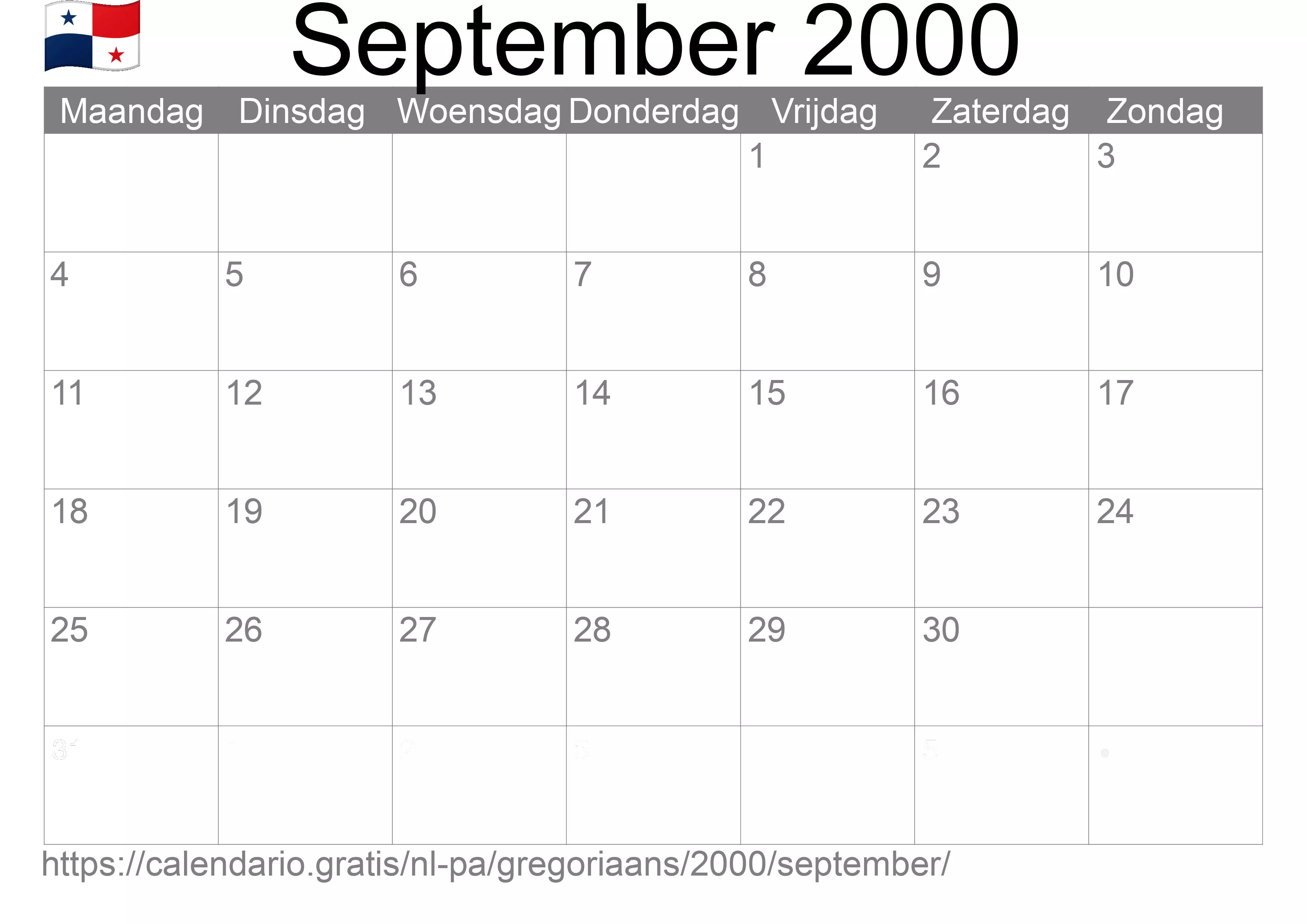 Kalender September 2000 om af te drukken (Panama)