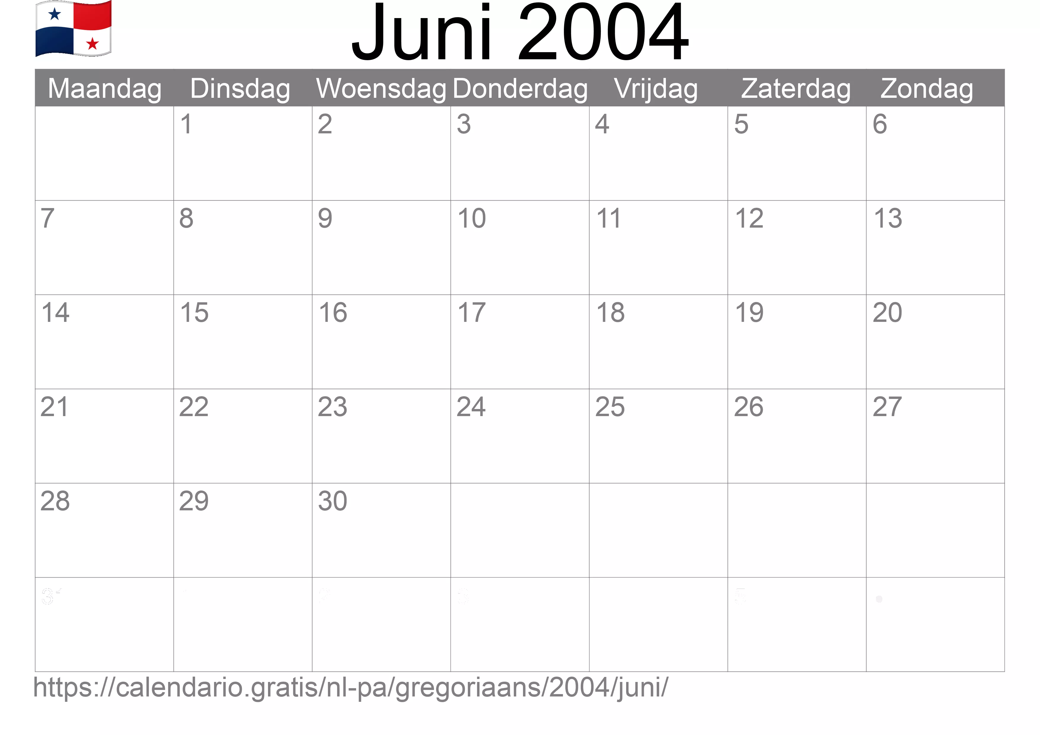 Kalender Juni 2004 om af te drukken (Panama)