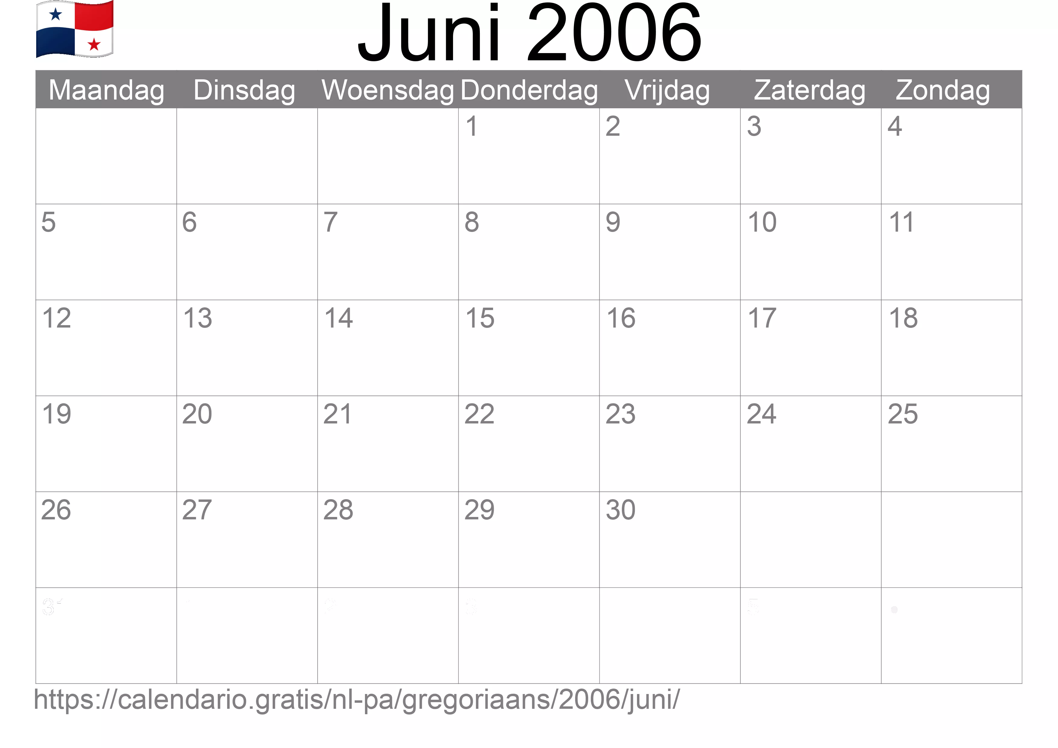 Kalender Juni 2006 om af te drukken (Panama)