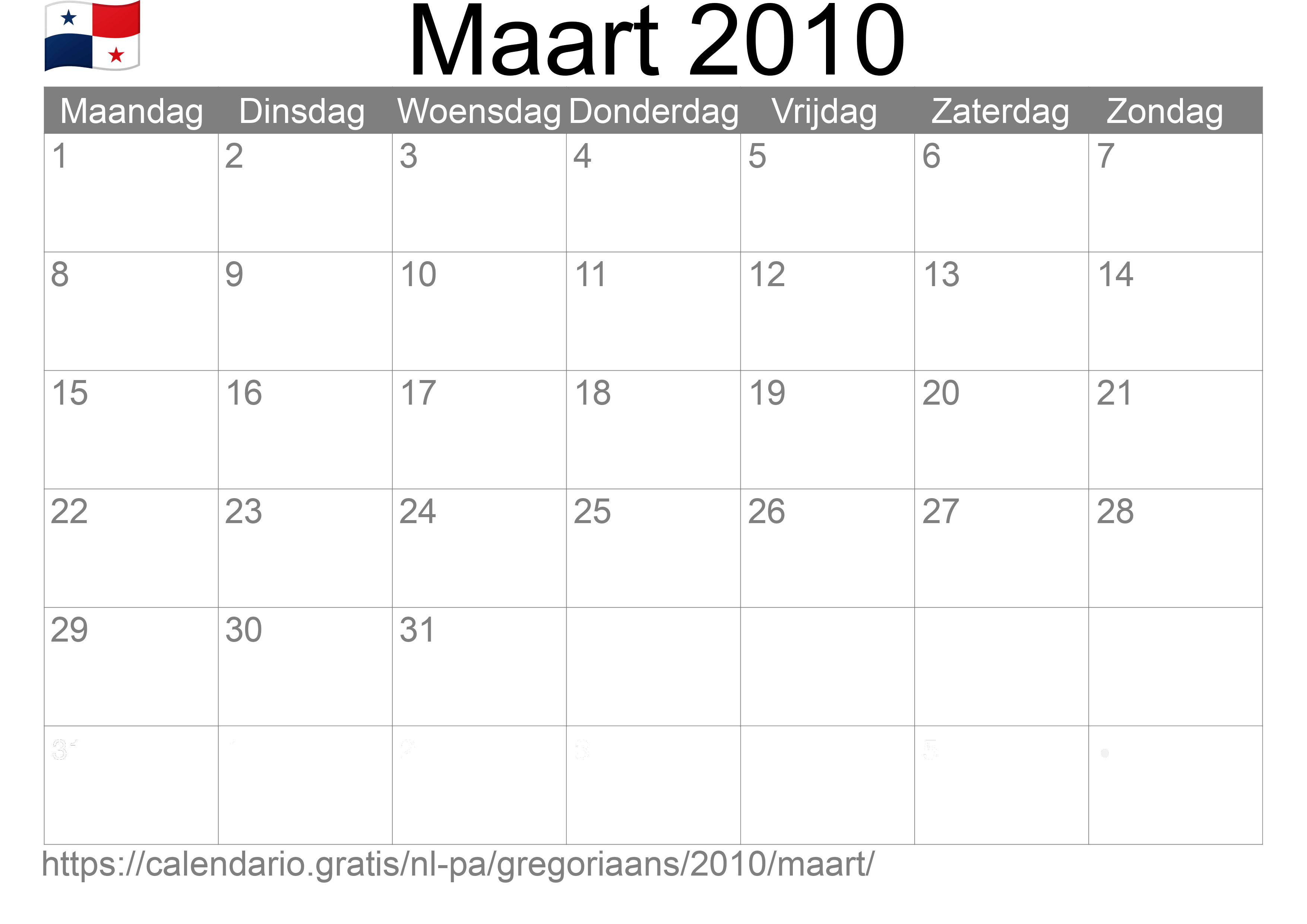 Kalender Maart 2010 om af te drukken