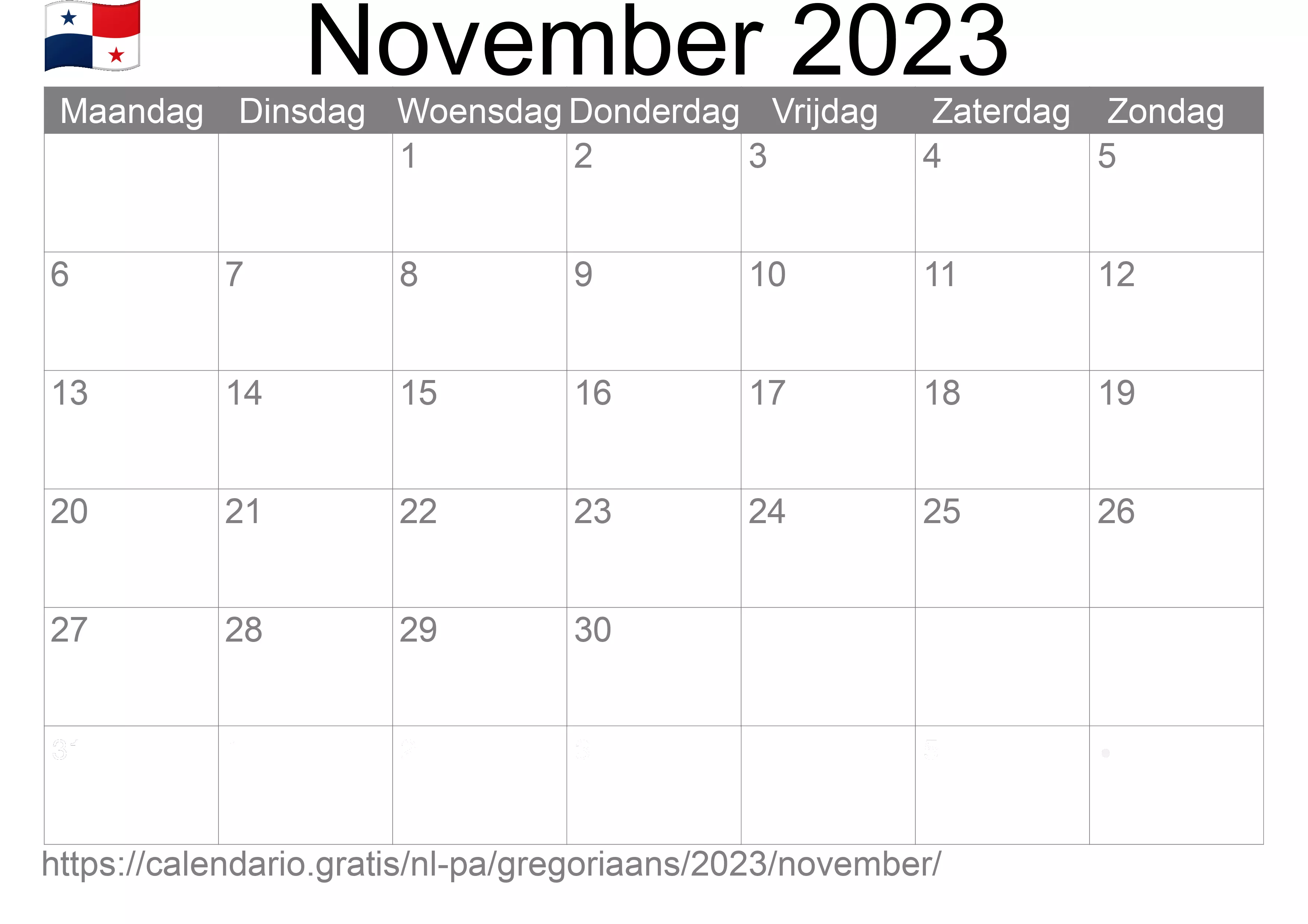 Kalender November 2023 om af te drukken (Panama)