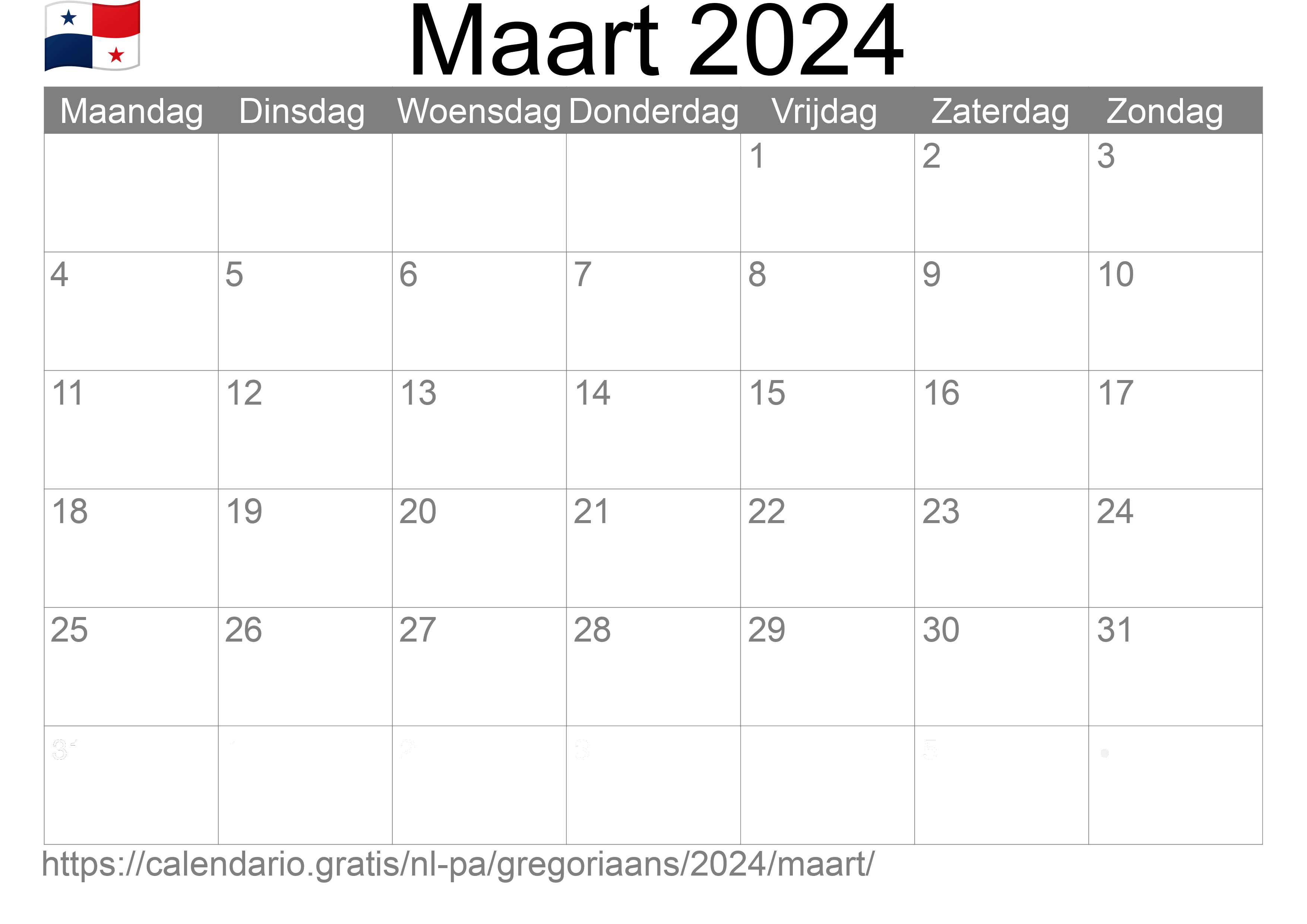 Kalender Maart 2024 om af te drukken