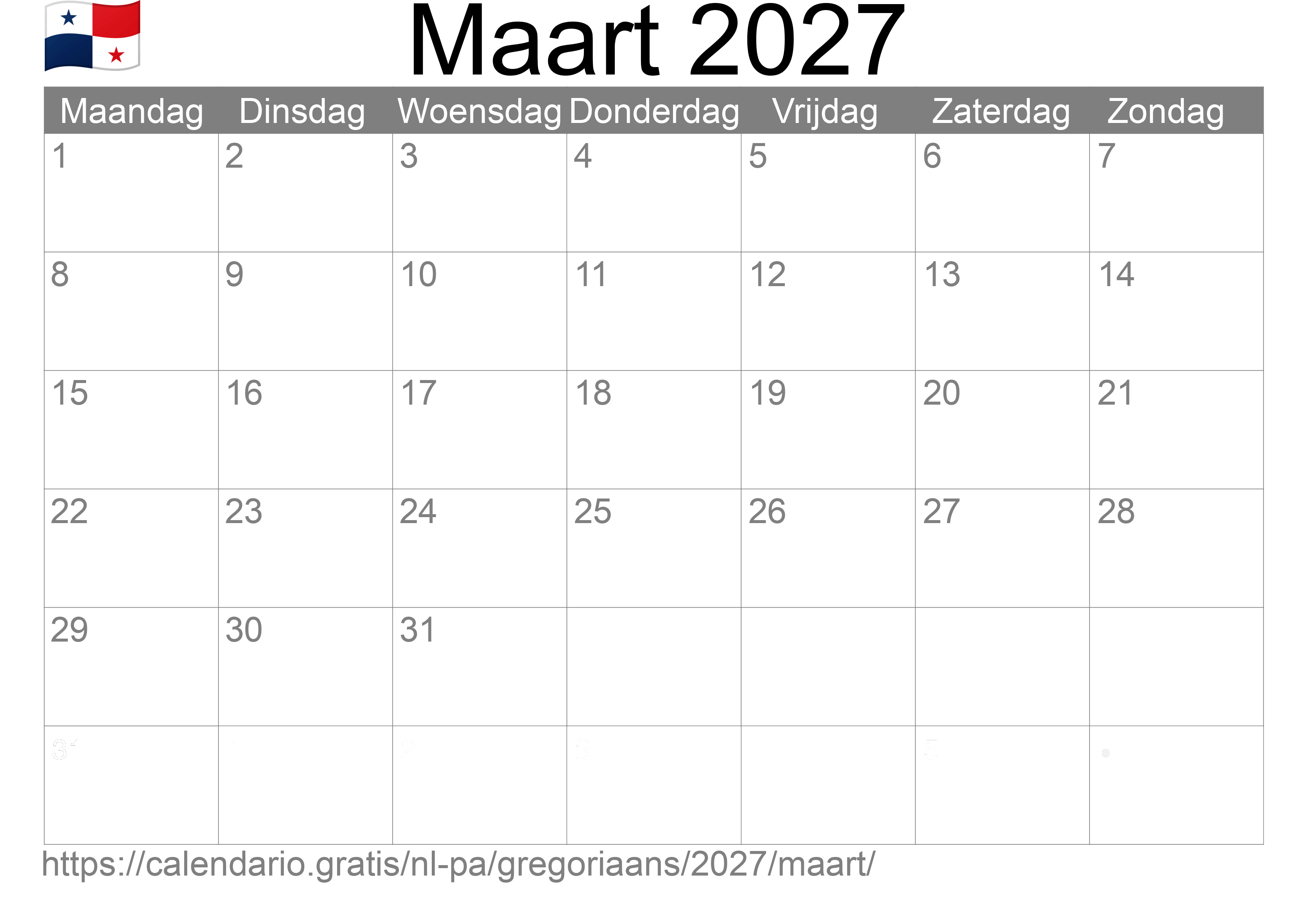 Kalender Maart 2027 om af te drukken