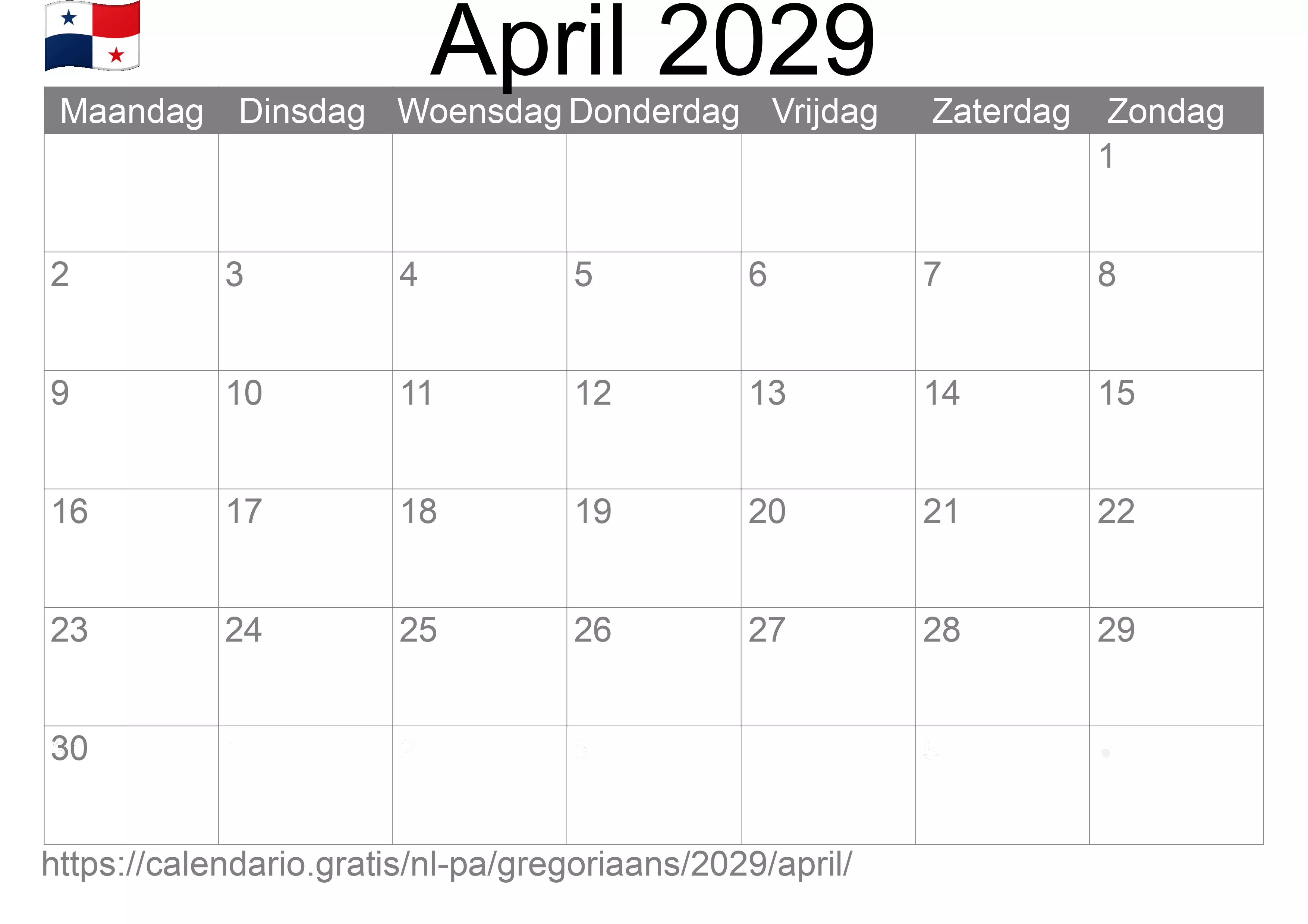 Kalender April 2029 om af te drukken (Panama)