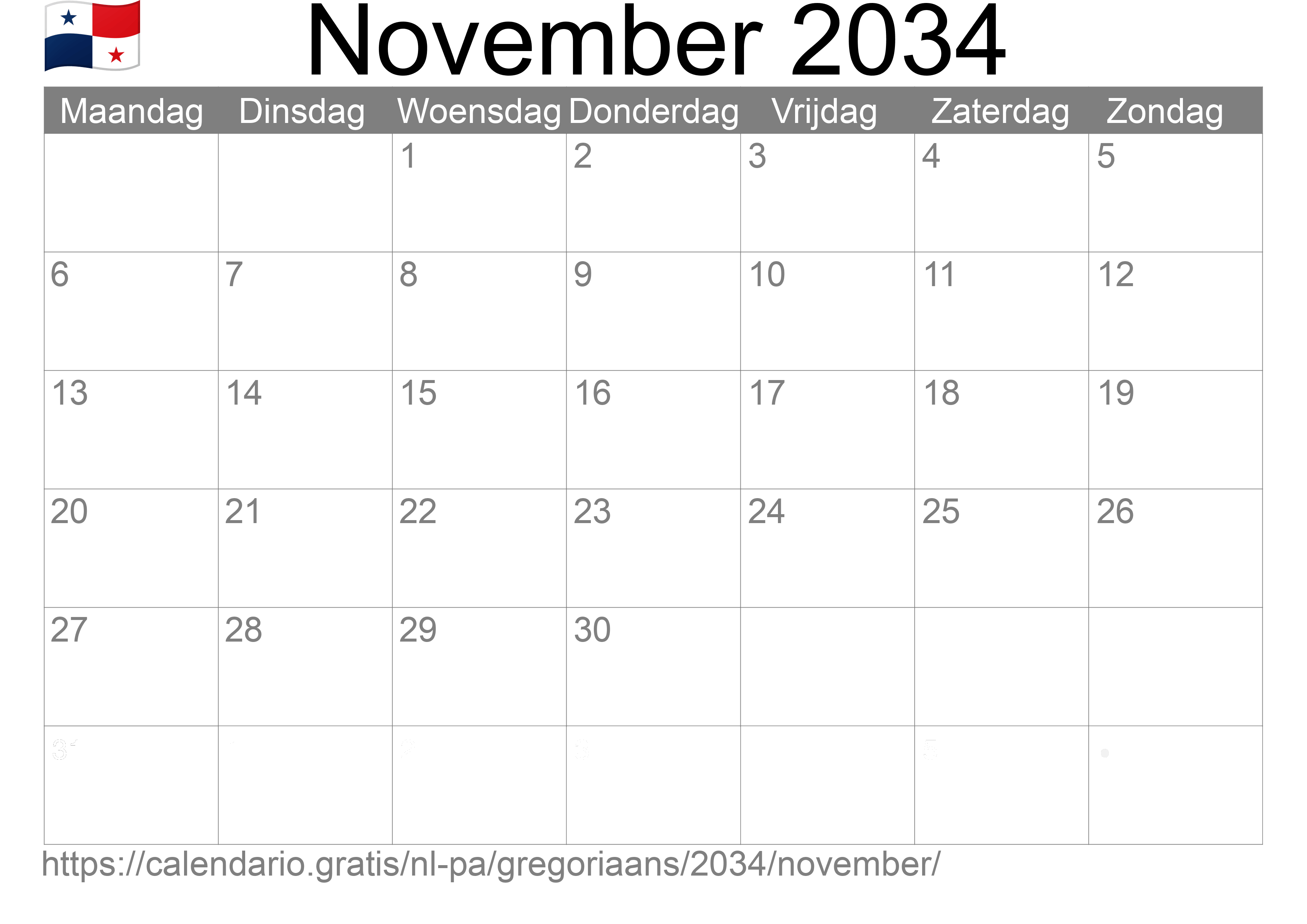 Kalender November 2034 om af te drukken