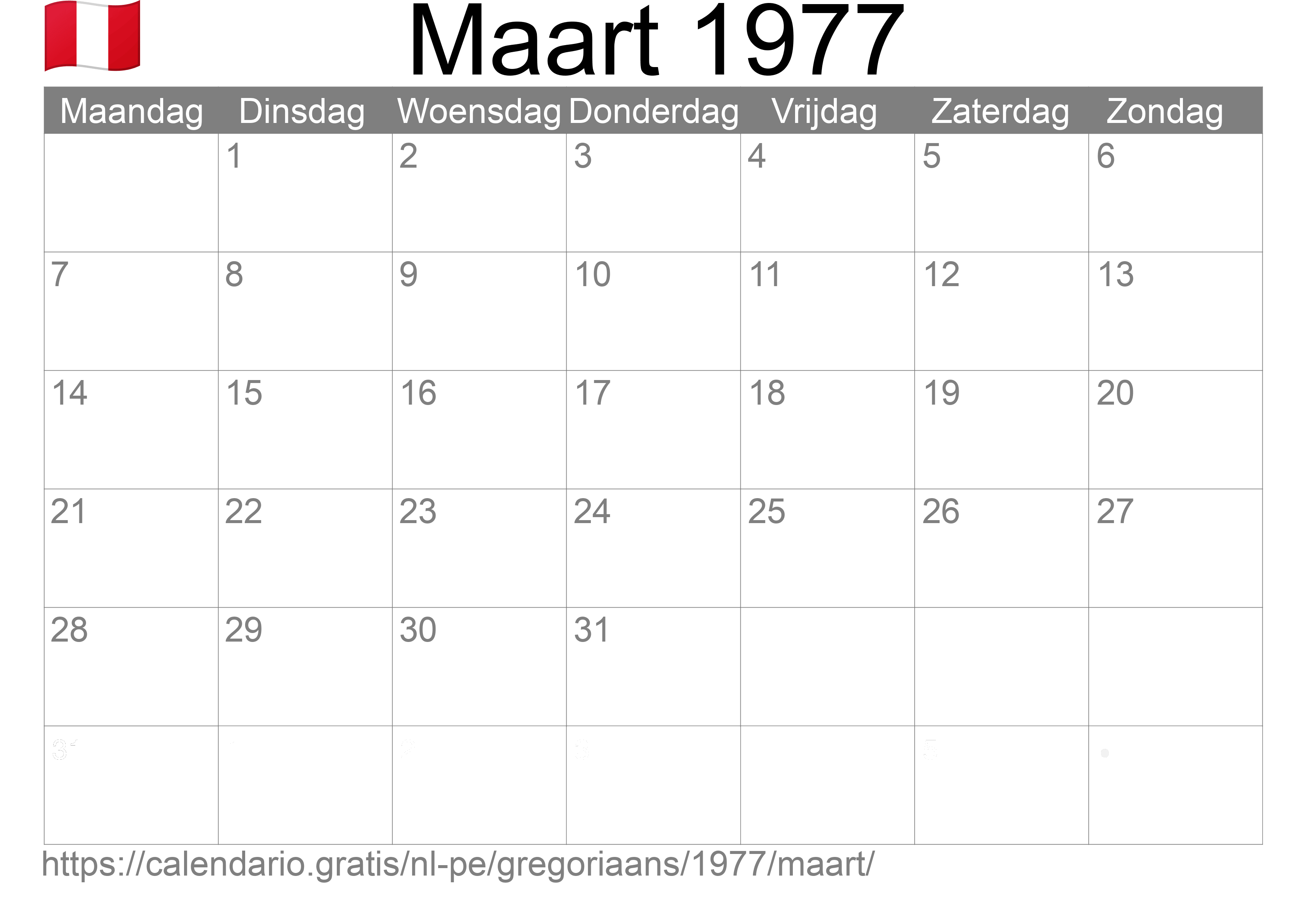 Kalender Maart 1977 om af te drukken