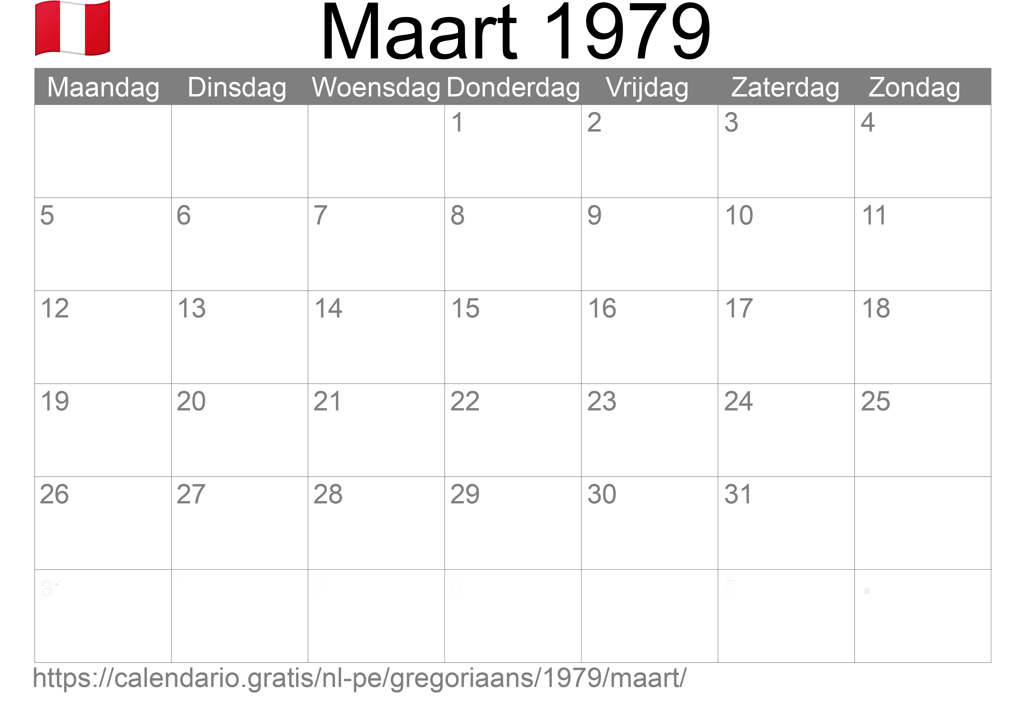 Kalender Maart 1979 om af te drukken