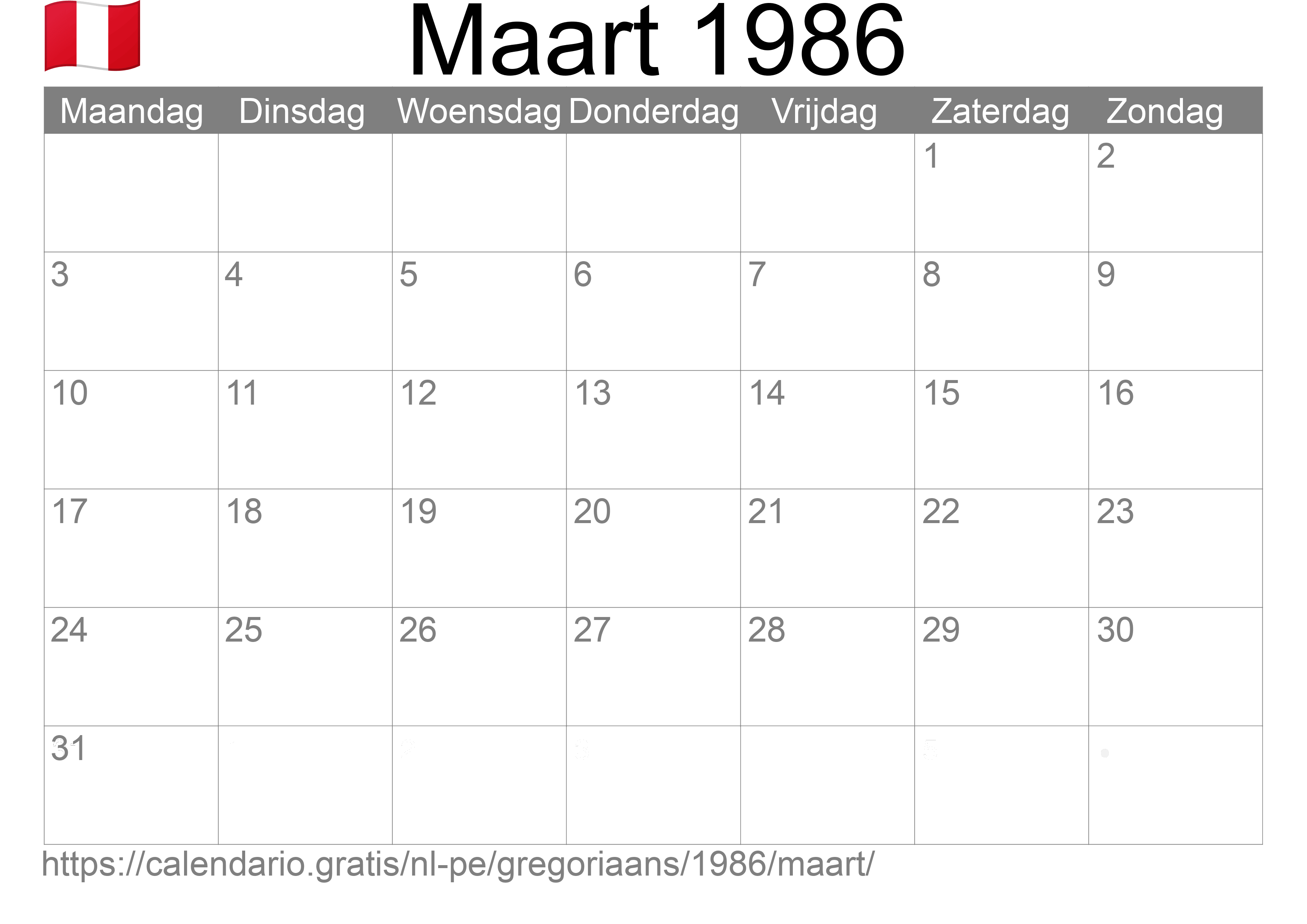 Kalender Maart 1986 om af te drukken