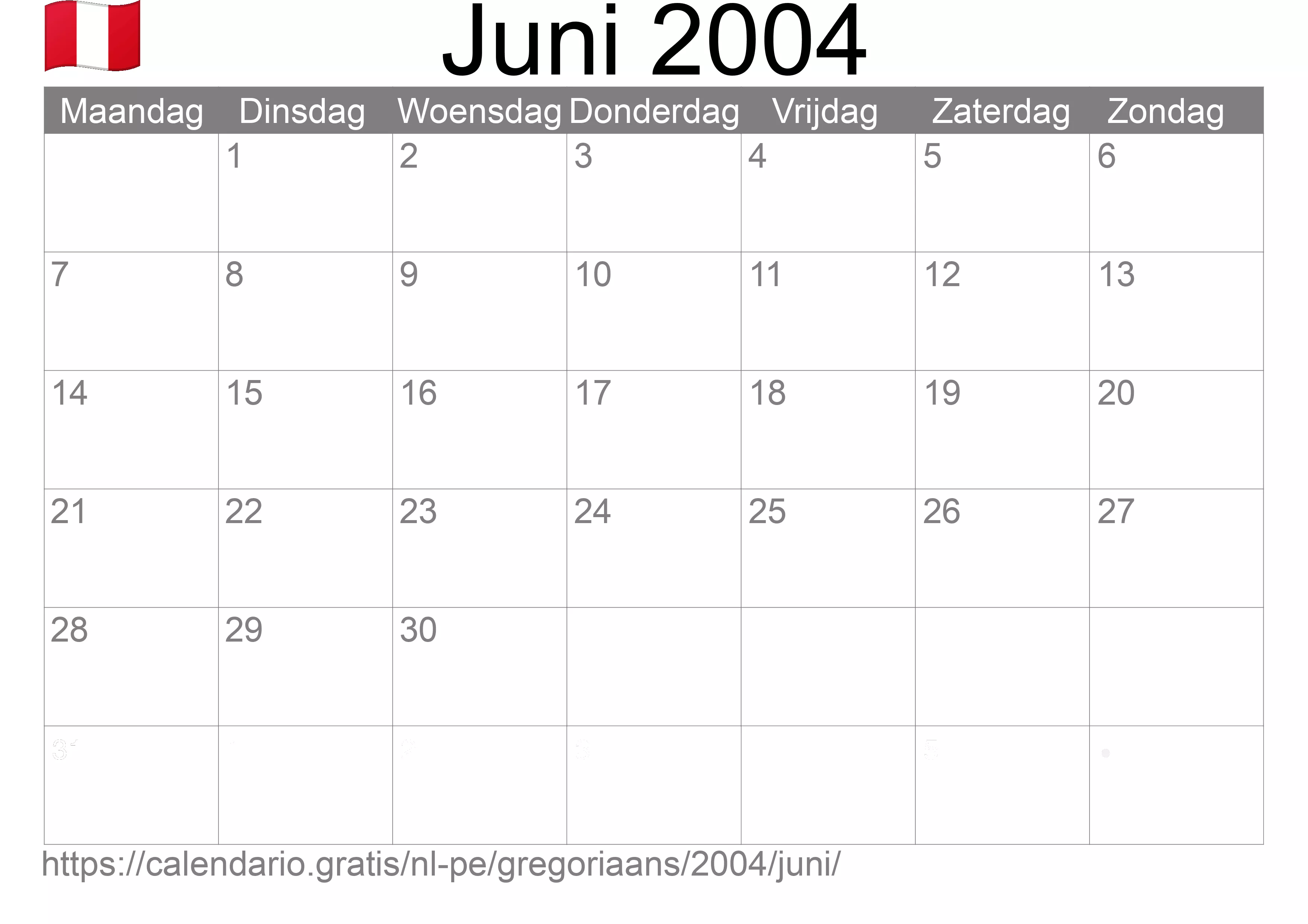 Kalender Juni 2004 om af te drukken (Peru)