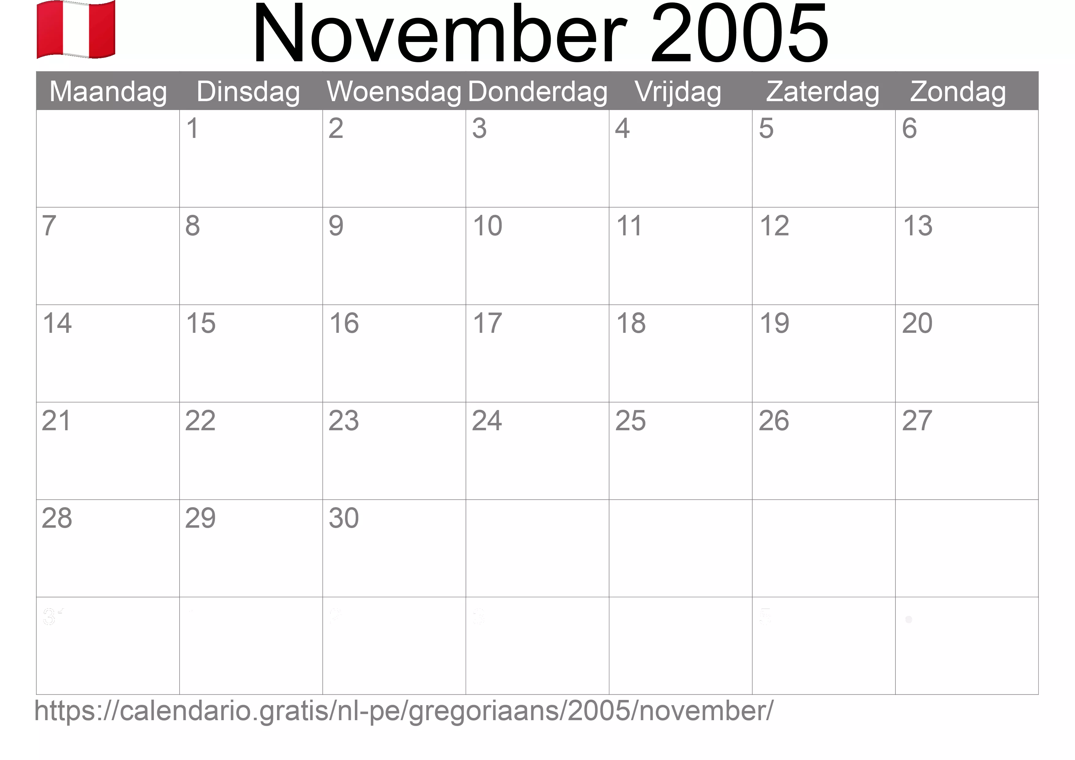 Kalender November 2005 om af te drukken (Peru)