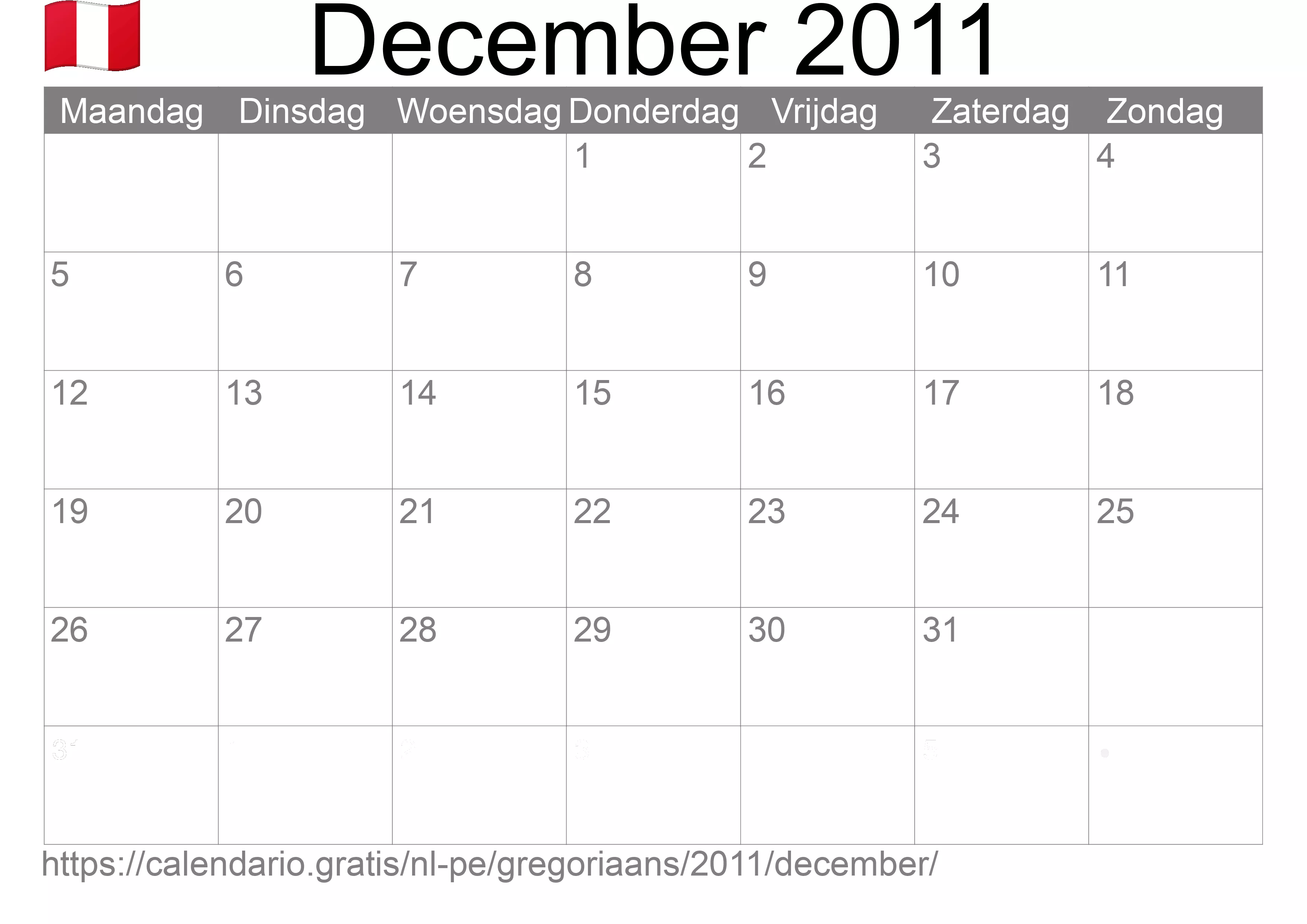 Kalender December 2011 om af te drukken (Peru)