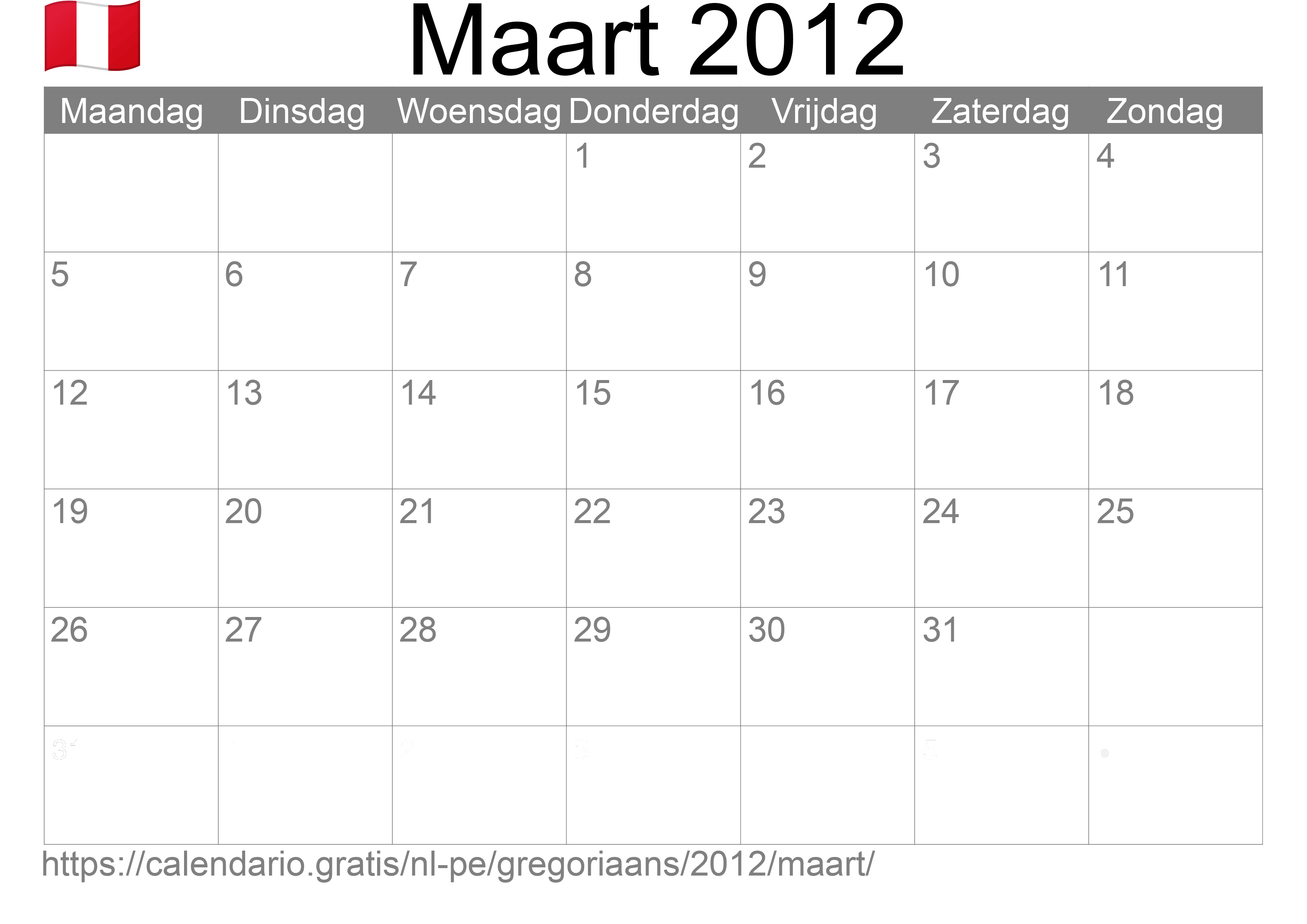 Kalender Maart 2012 om af te drukken