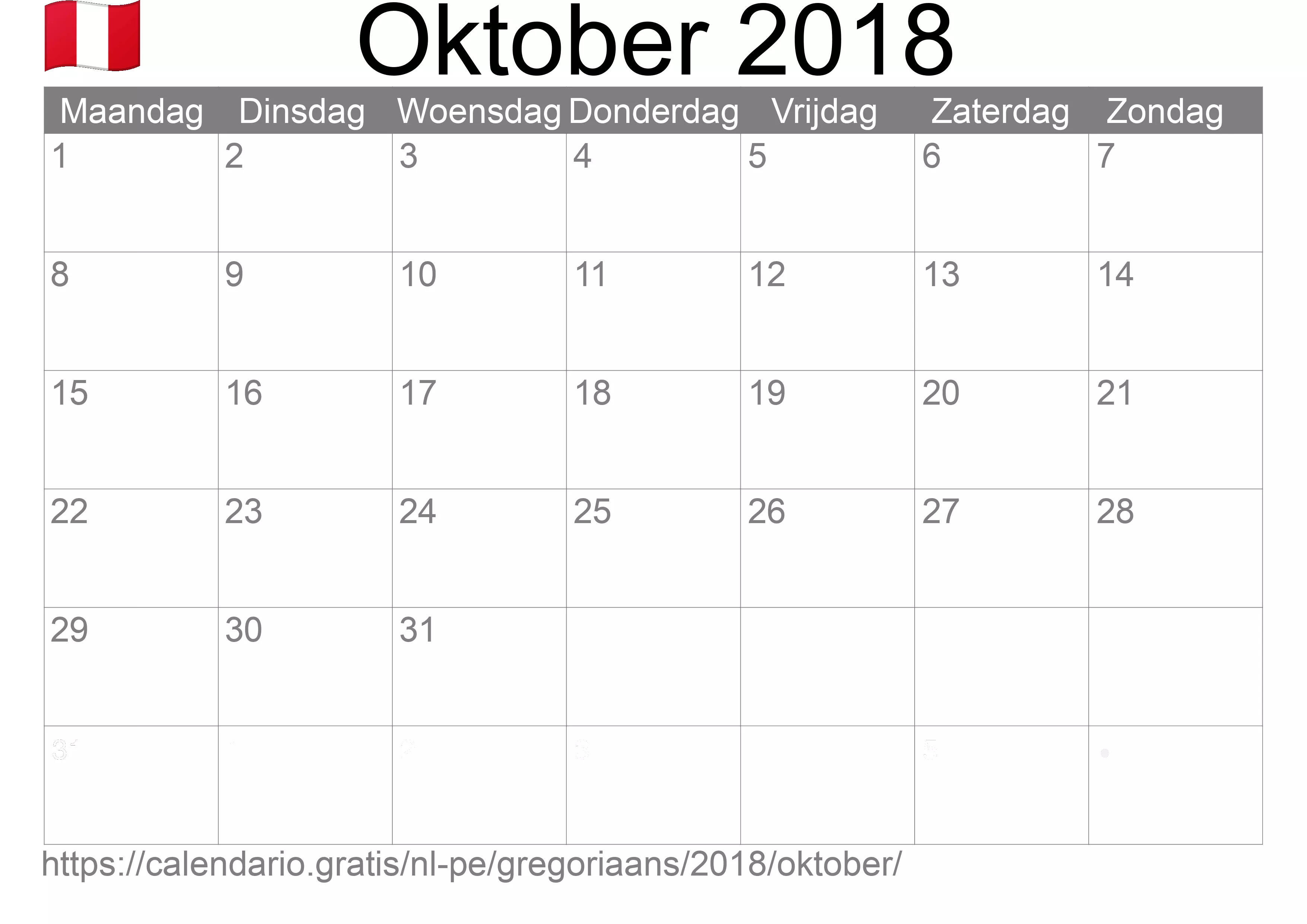 Kalender Oktober 2018 om af te drukken (Peru)