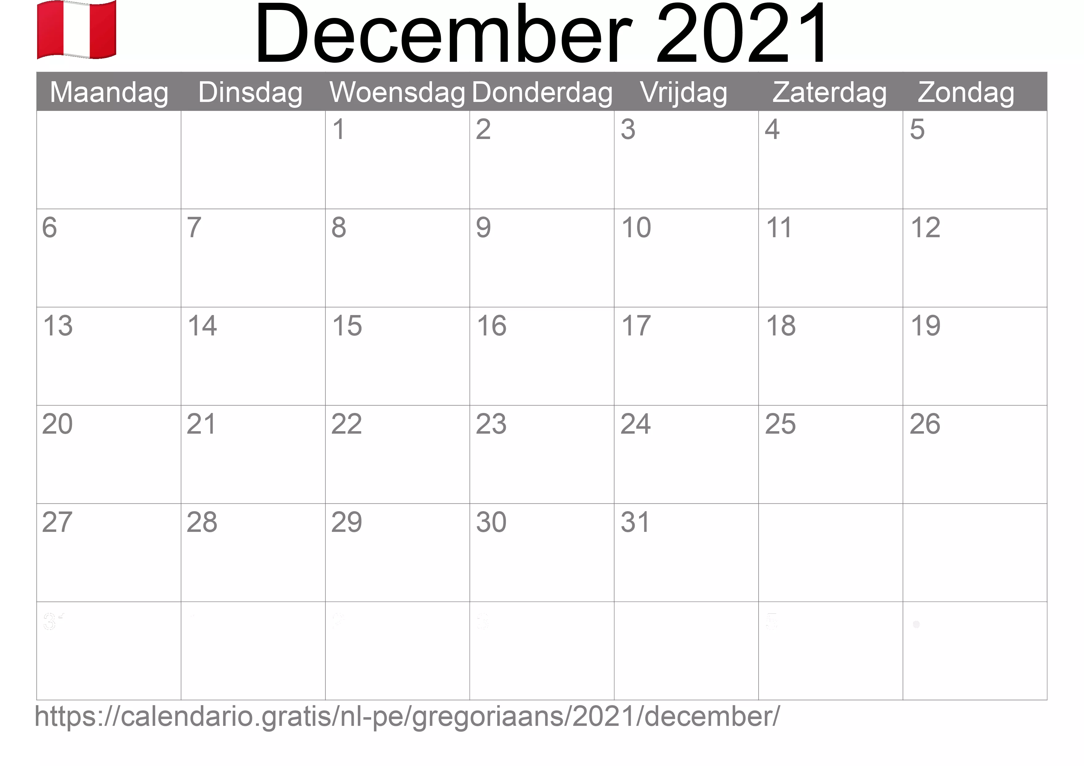Kalender December 2021 om af te drukken (Peru)