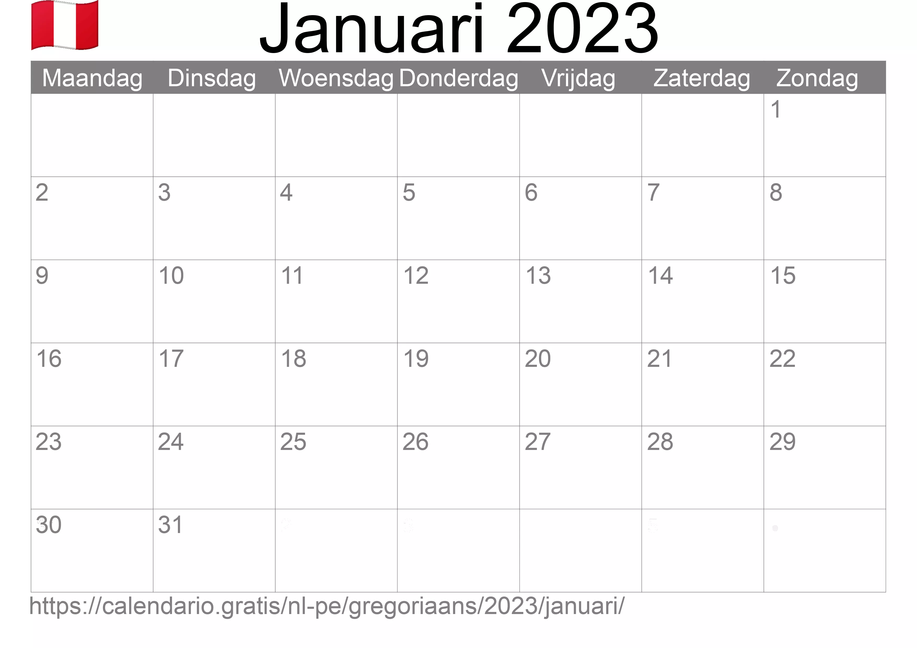 Kalender Januari 2023 om af te drukken (Peru)