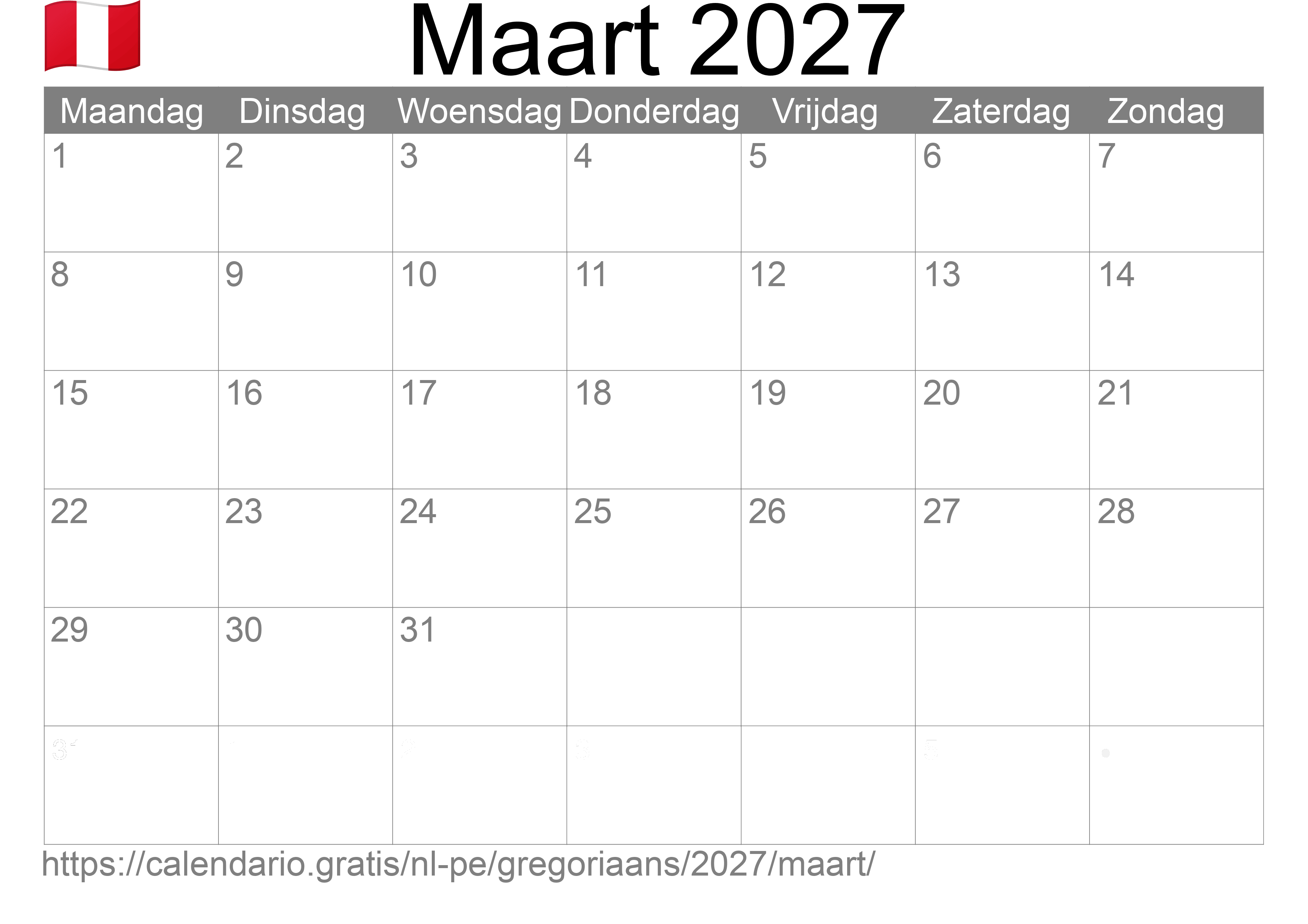 Kalender Maart 2027 om af te drukken