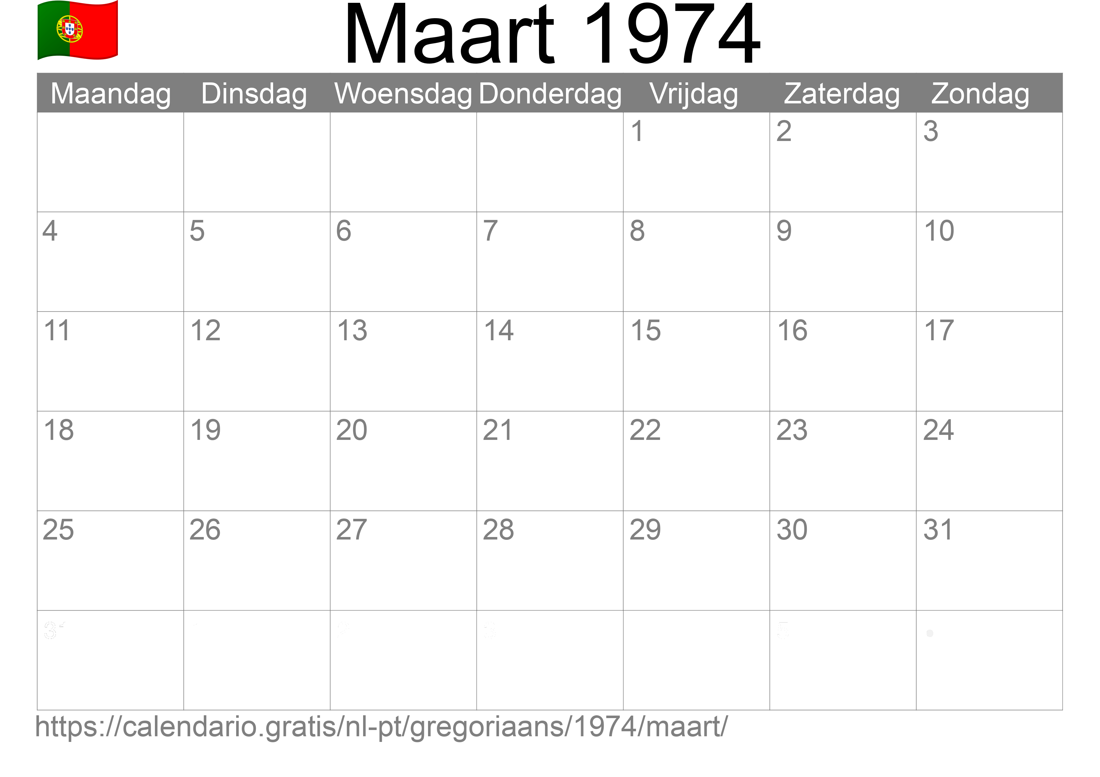 Kalender Maart 1974 om af te drukken