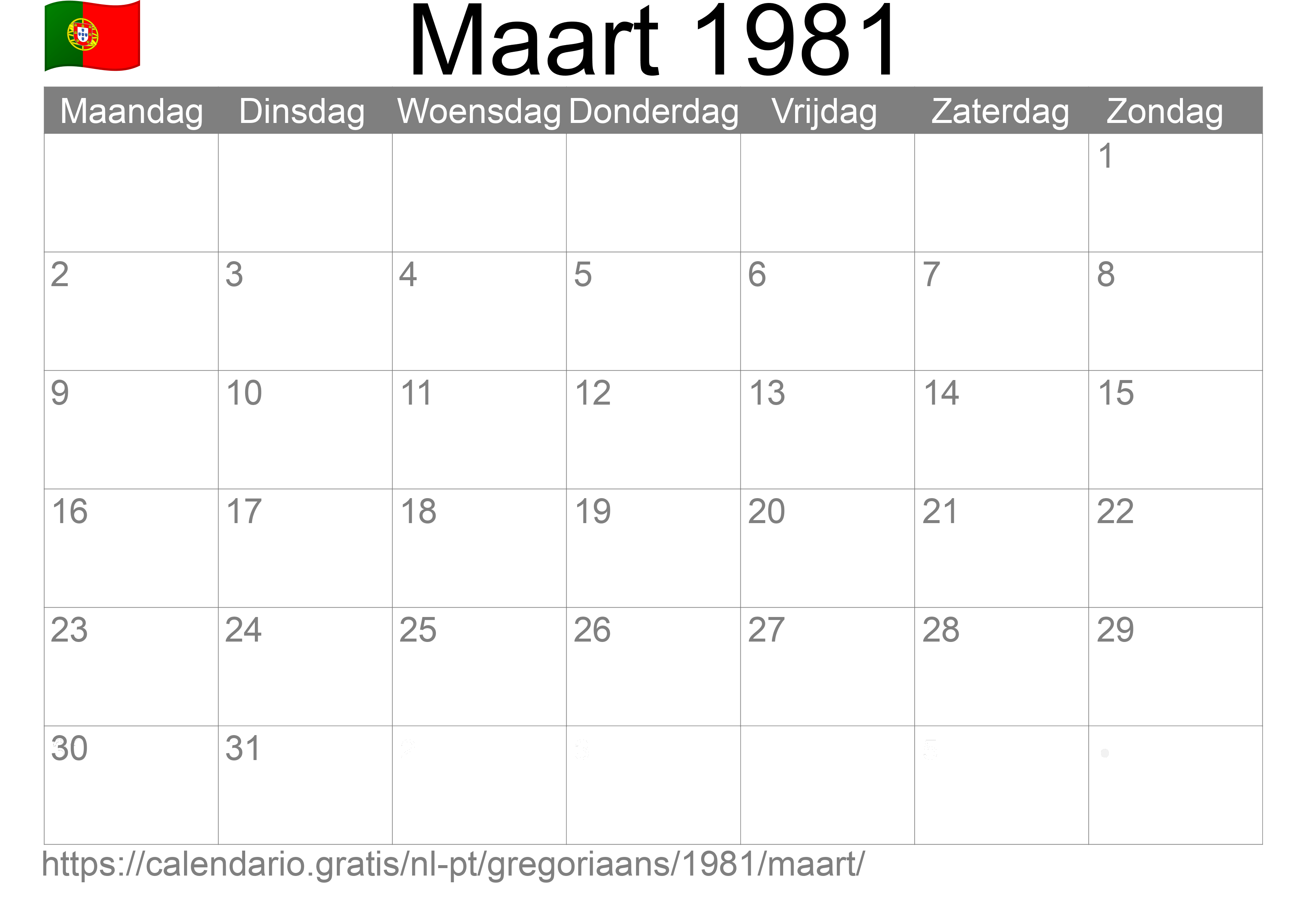 Kalender Maart 1981 om af te drukken