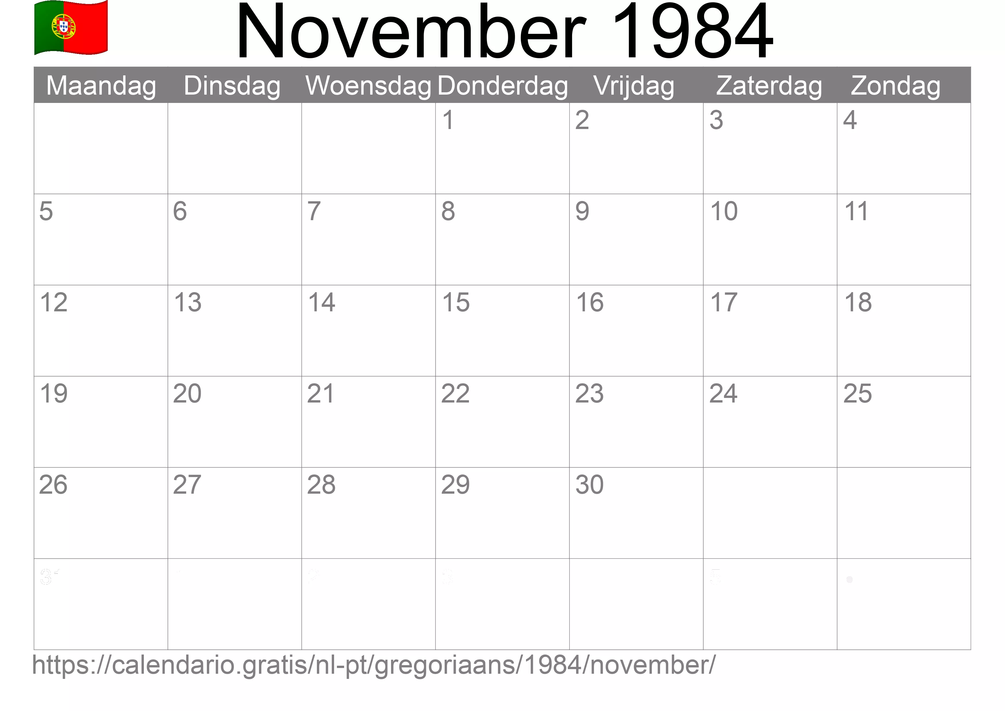 Kalender November 1984 om af te drukken (Portugal)