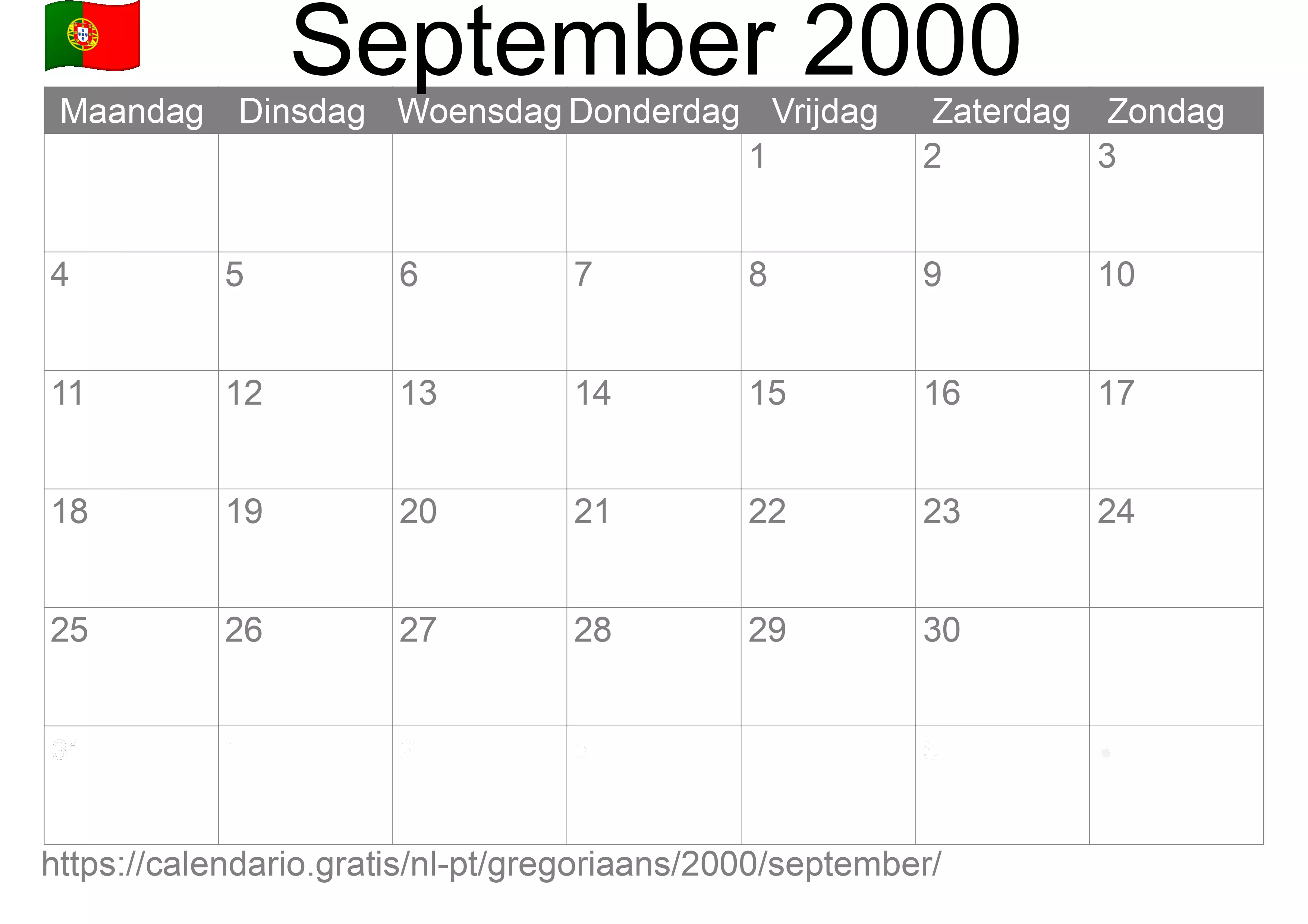 Kalender September 2000 om af te drukken (Portugal)