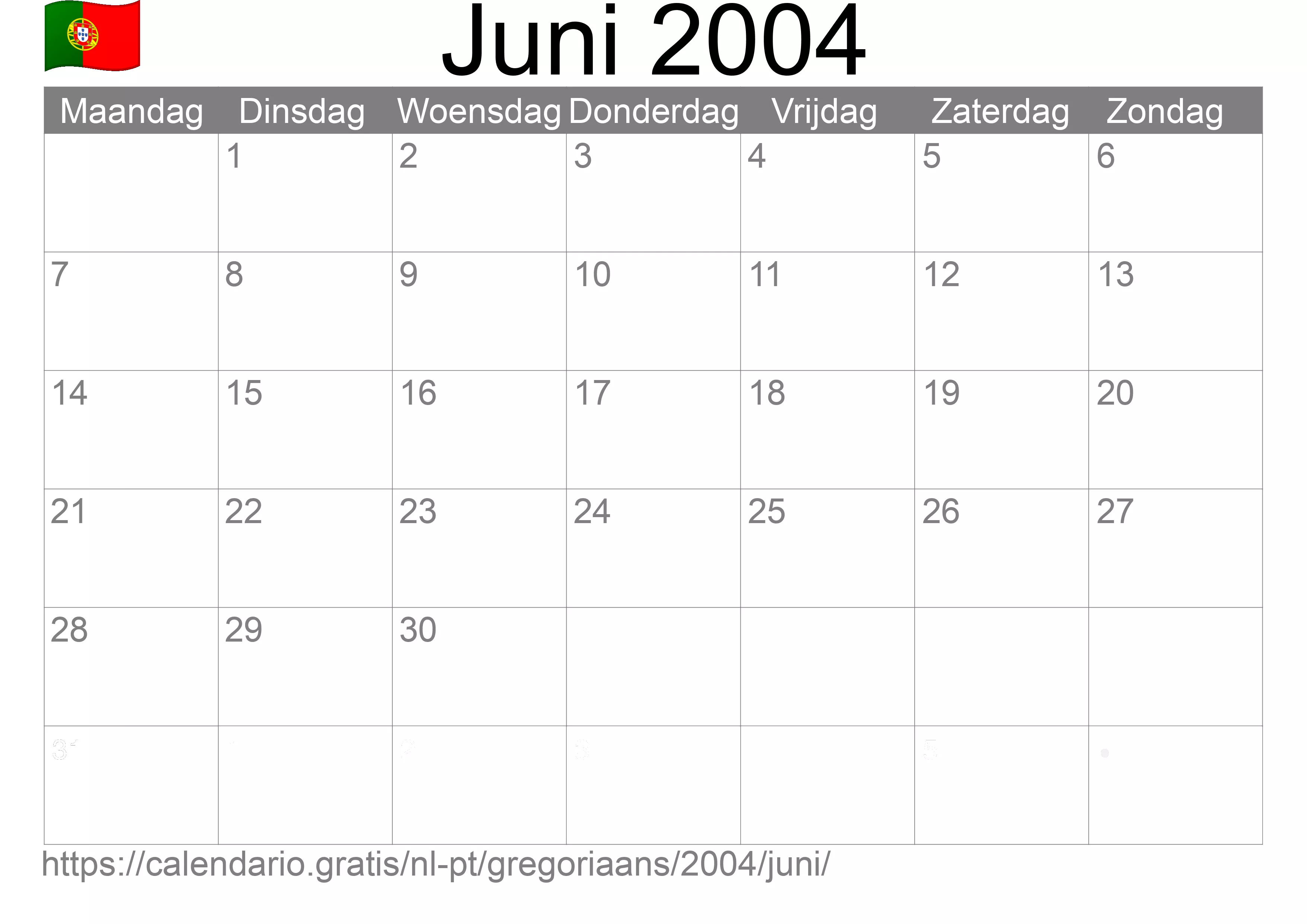 Kalender Juni 2004 om af te drukken (Portugal)