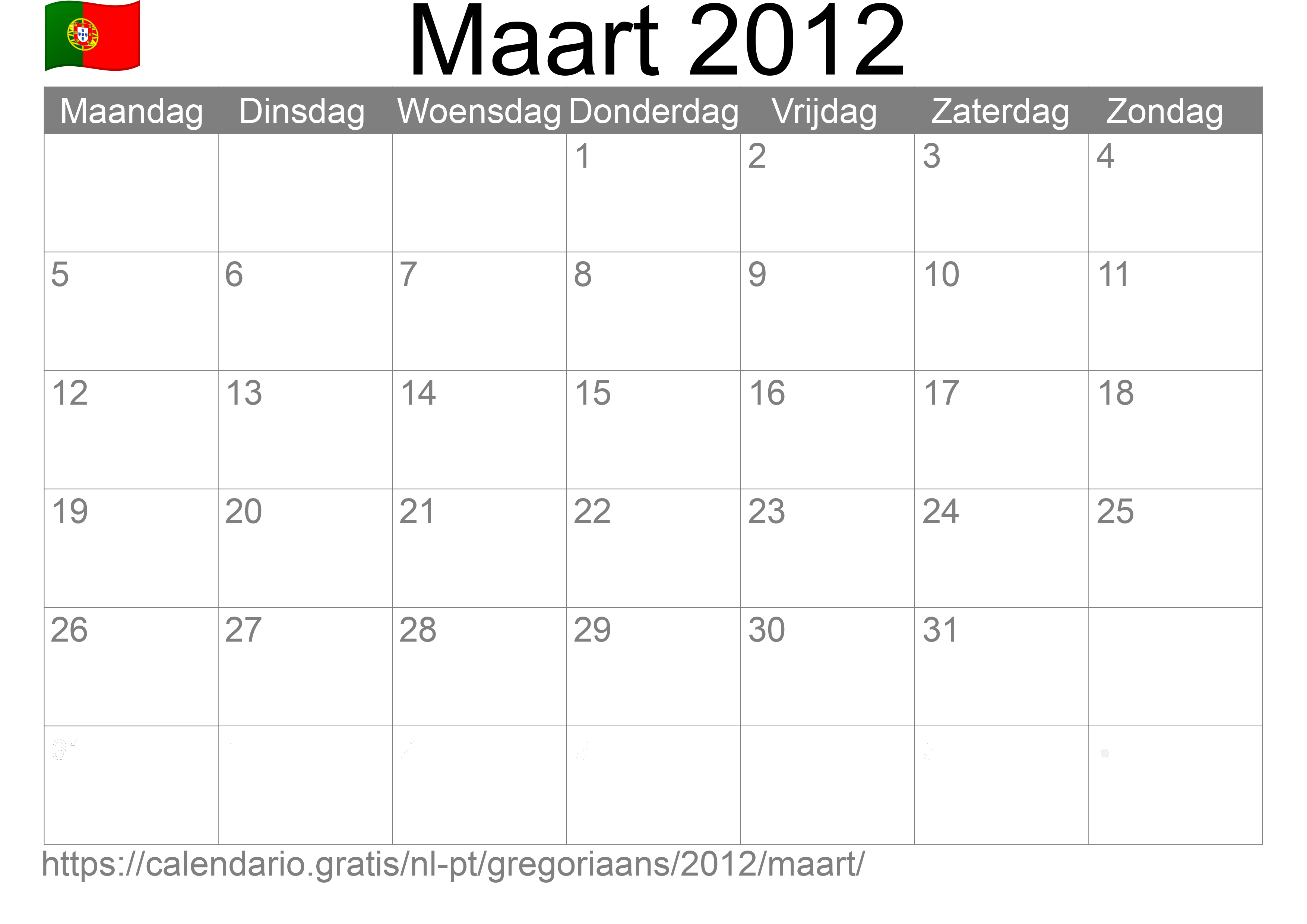 Kalender Maart 2012 om af te drukken