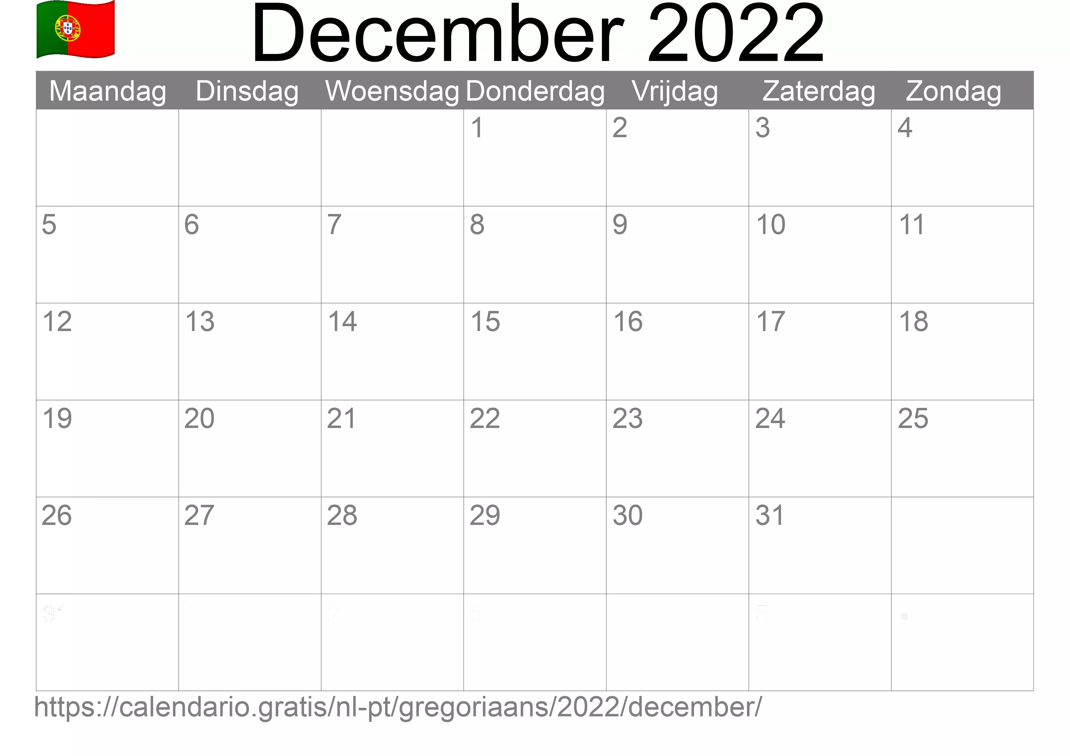 Kalender December 2022 om af te drukken (Portugal)