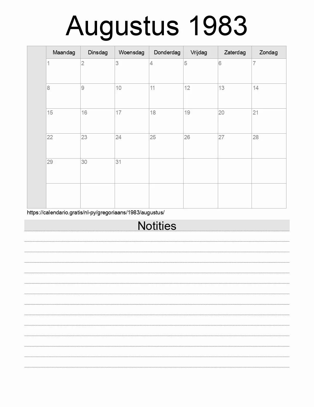 Kalender voor Augustus 1983 om af te drukken met notities. (Paraguay)