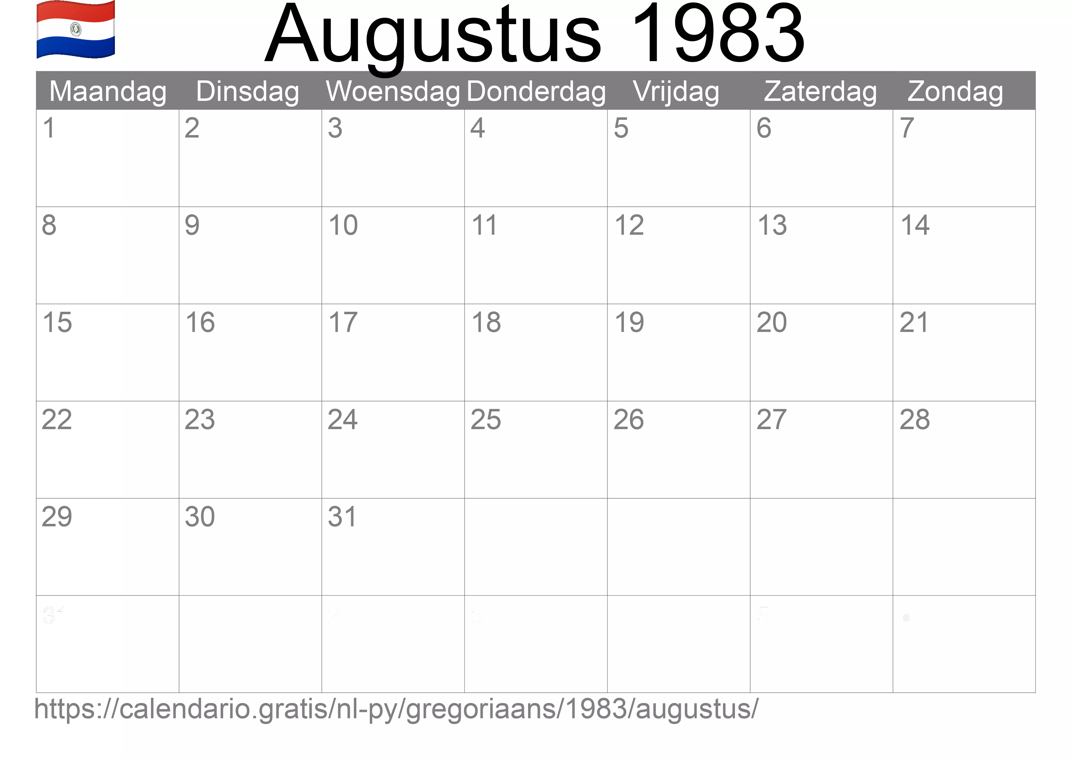 Kalender Augustus 1983 om af te drukken (Paraguay)