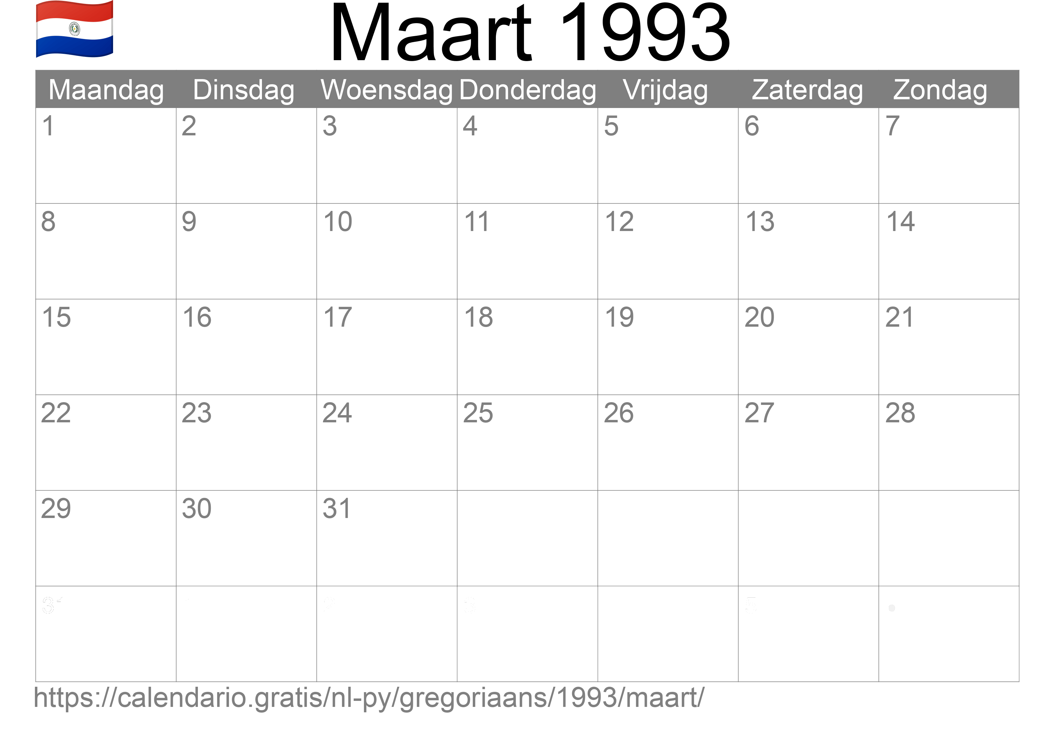 Kalender Maart 1993 om af te drukken