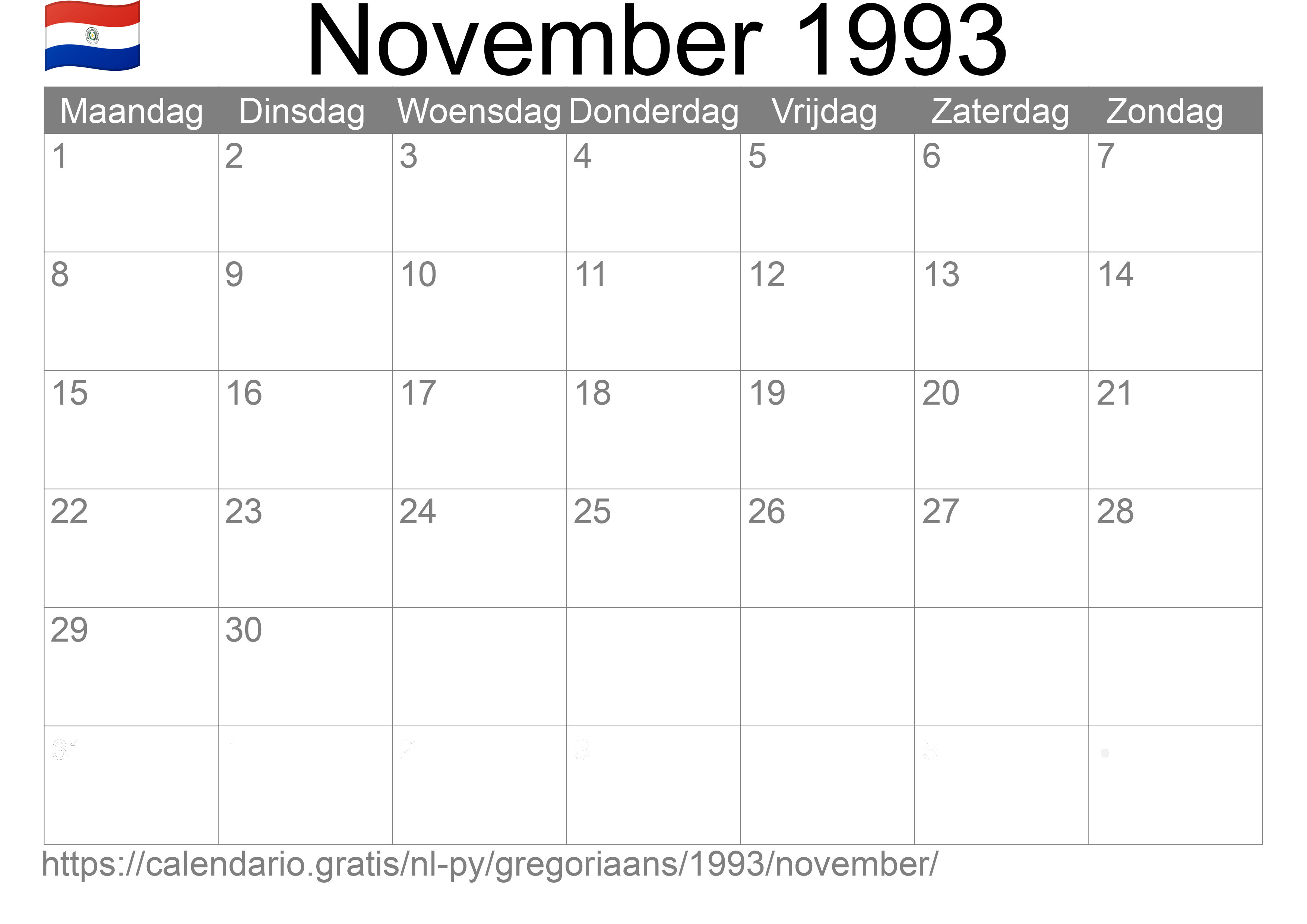 Kalender November 1993 om af te drukken