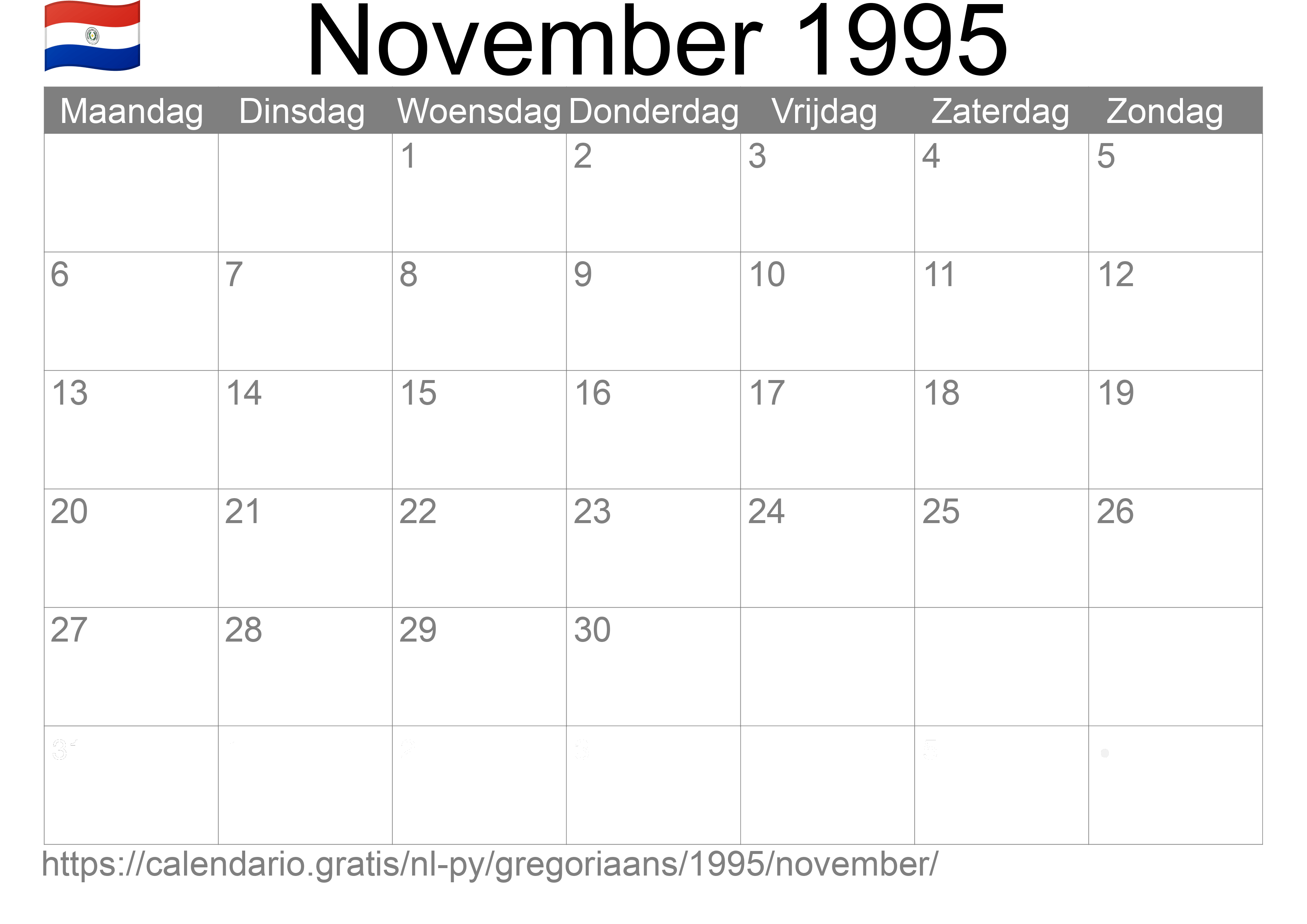 Kalender November 1995 om af te drukken