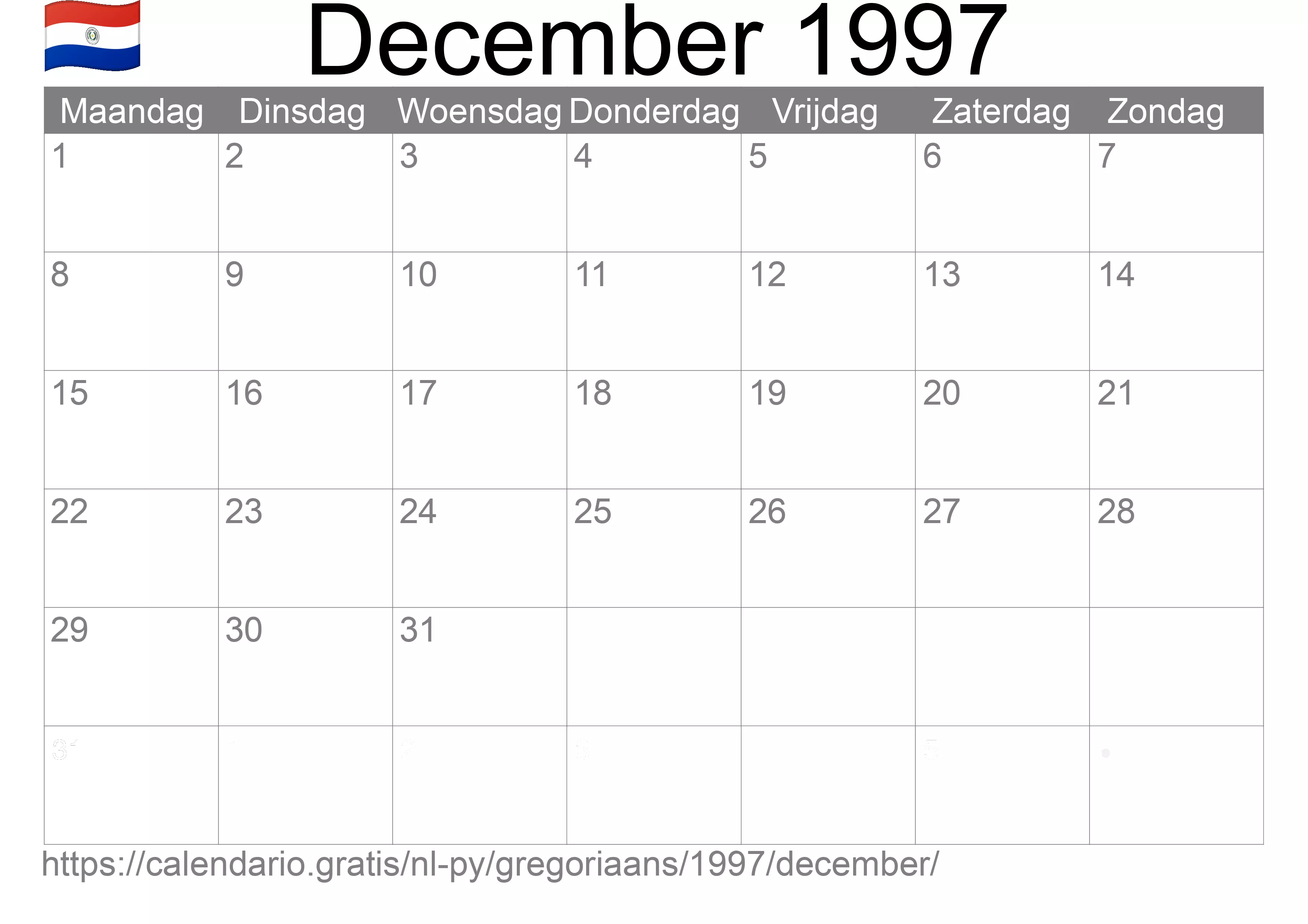 Kalender December 1997 om af te drukken (Paraguay)