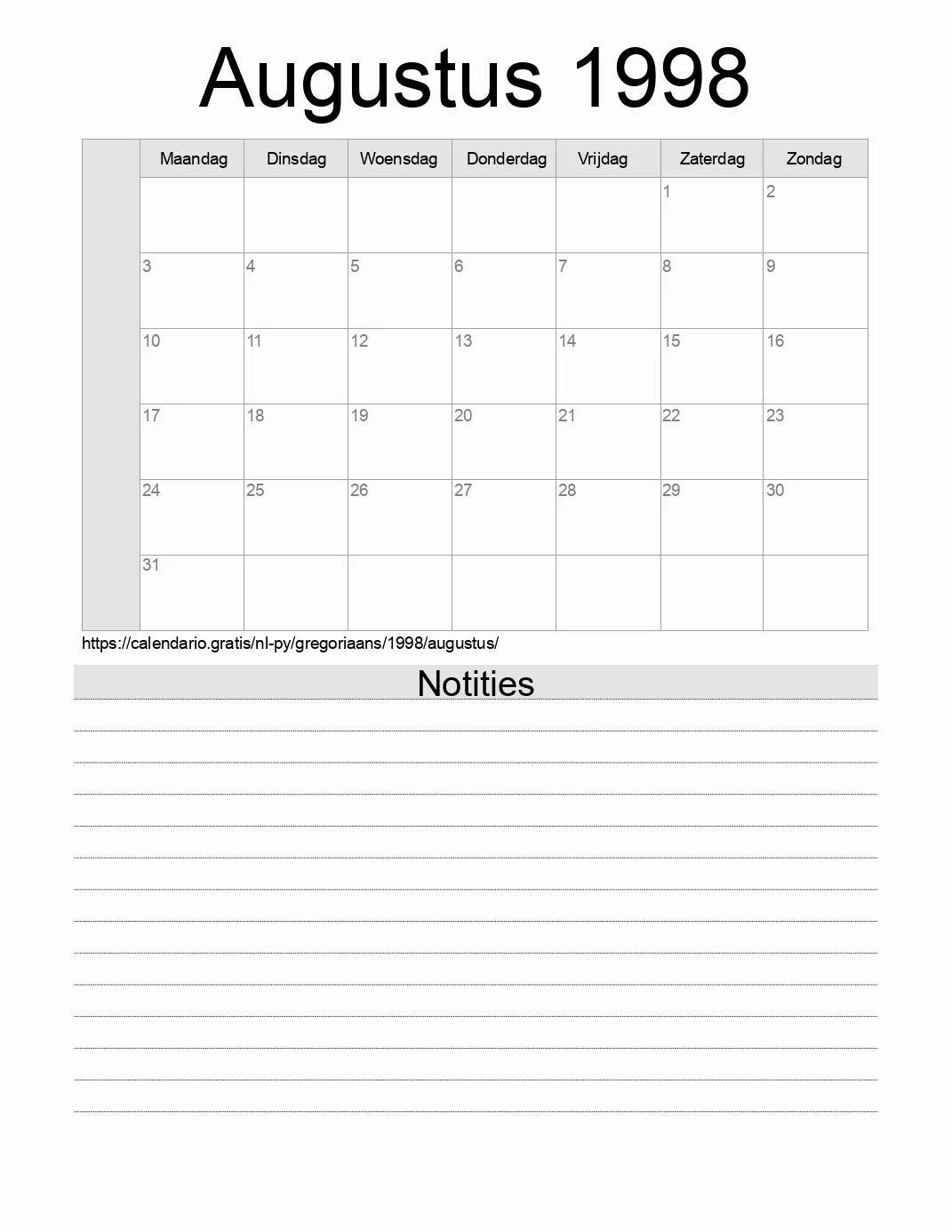 Kalender voor Augustus 1998 om af te drukken met notities. (Paraguay) Kalender voor Augustus 1998 om af te drukken met notities. (Paraguay)
