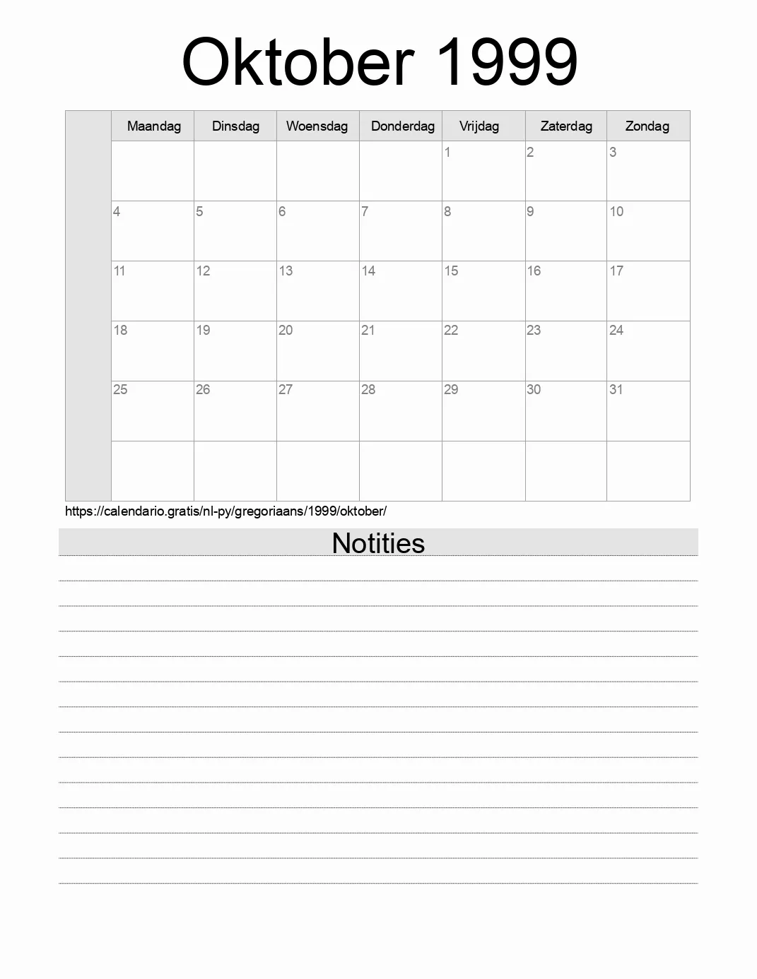 Kalender voor Oktober 1999 om af te drukken met notities. (Paraguay)