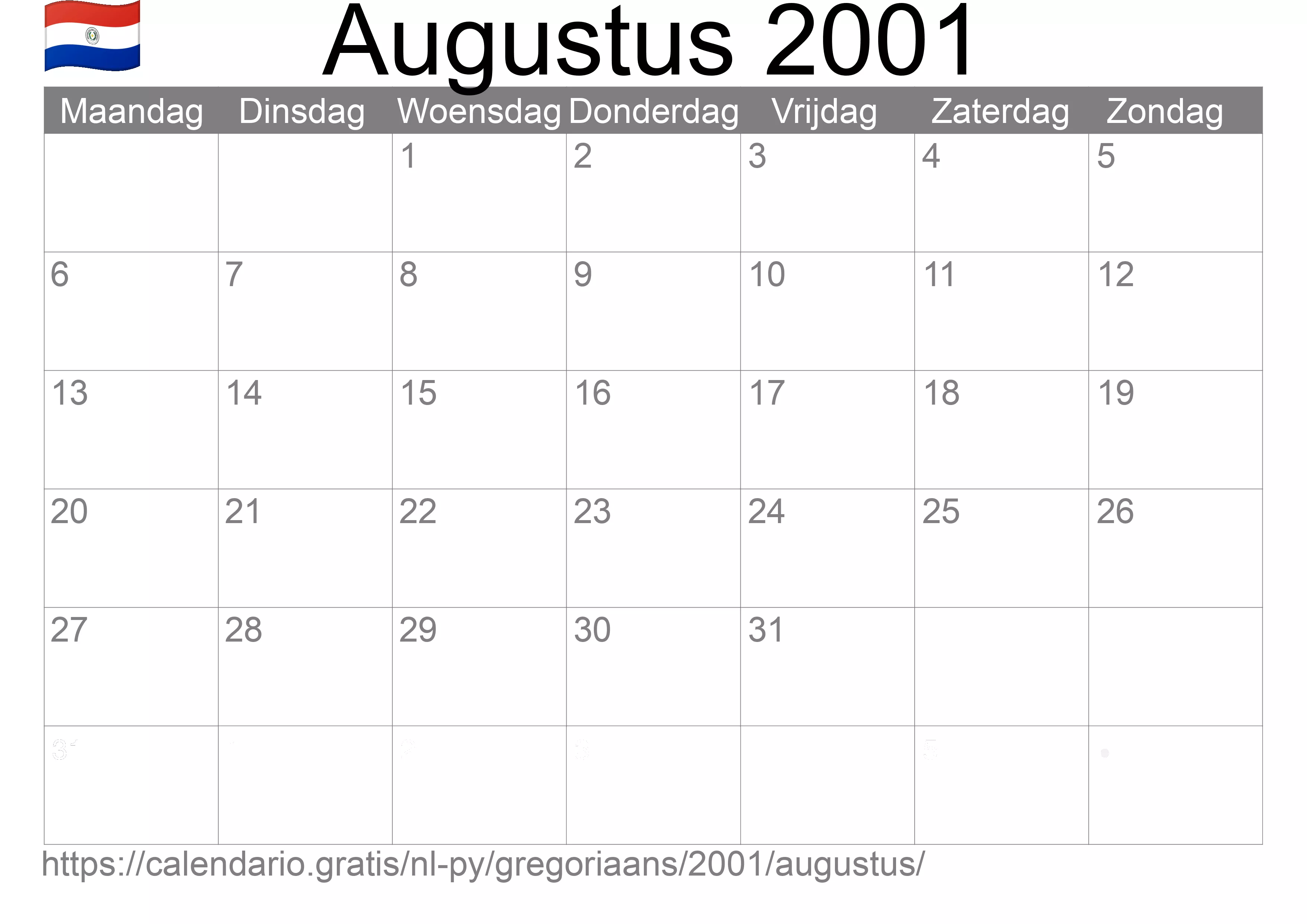 Kalender Augustus 2001 om af te drukken (Paraguay)