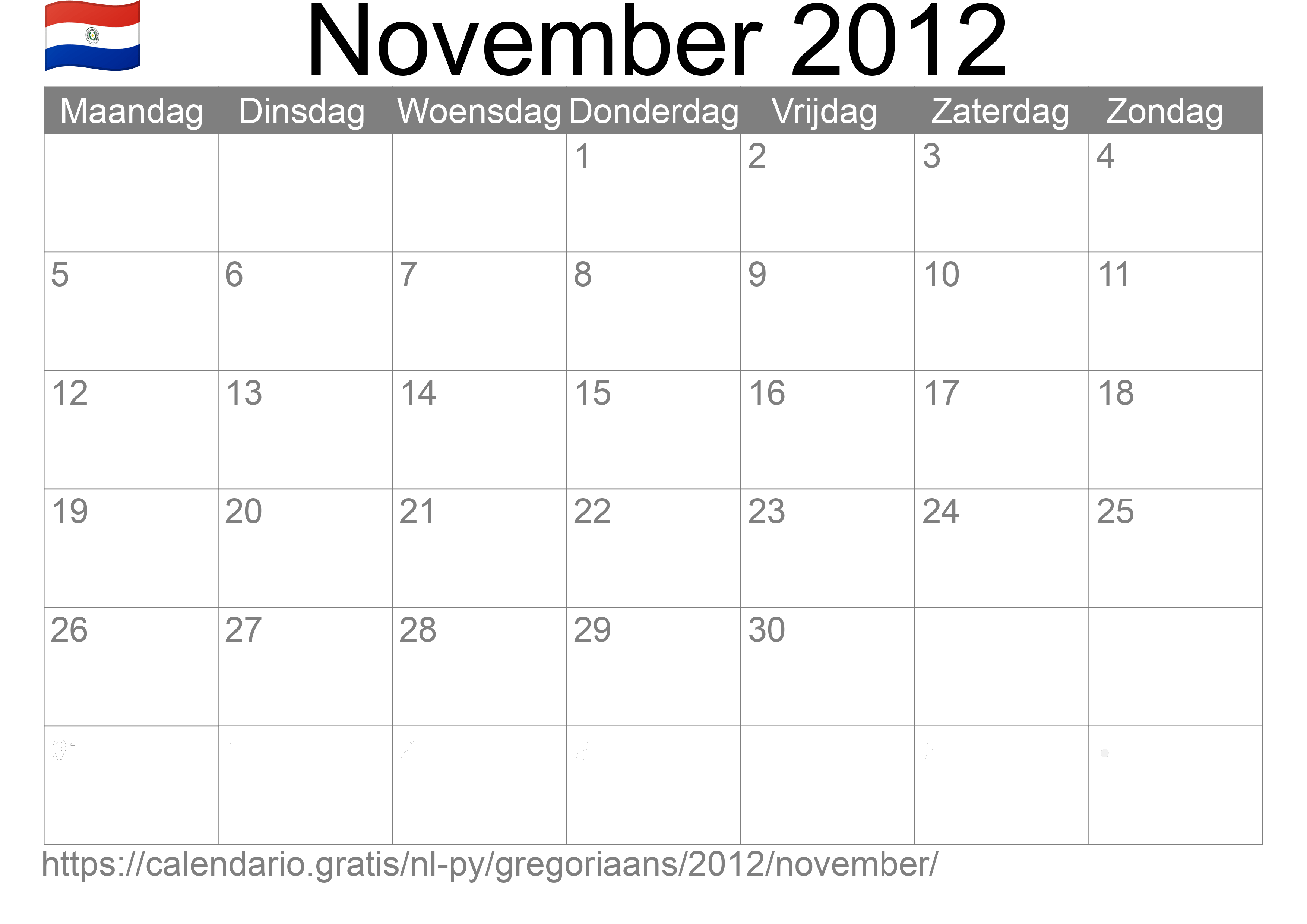 Kalender November 2012 om af te drukken