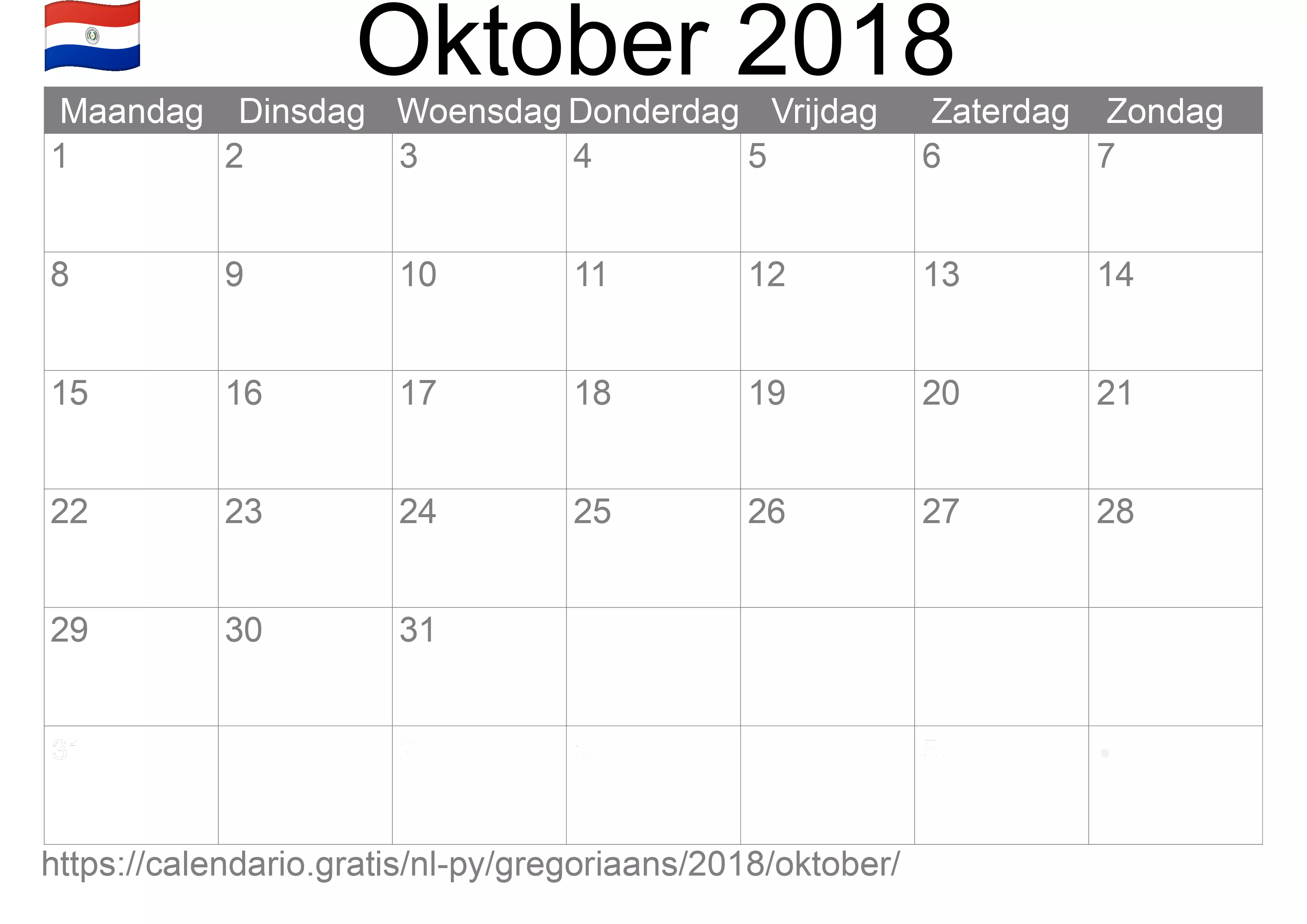 Kalender Oktober 2018 om af te drukken (Paraguay)