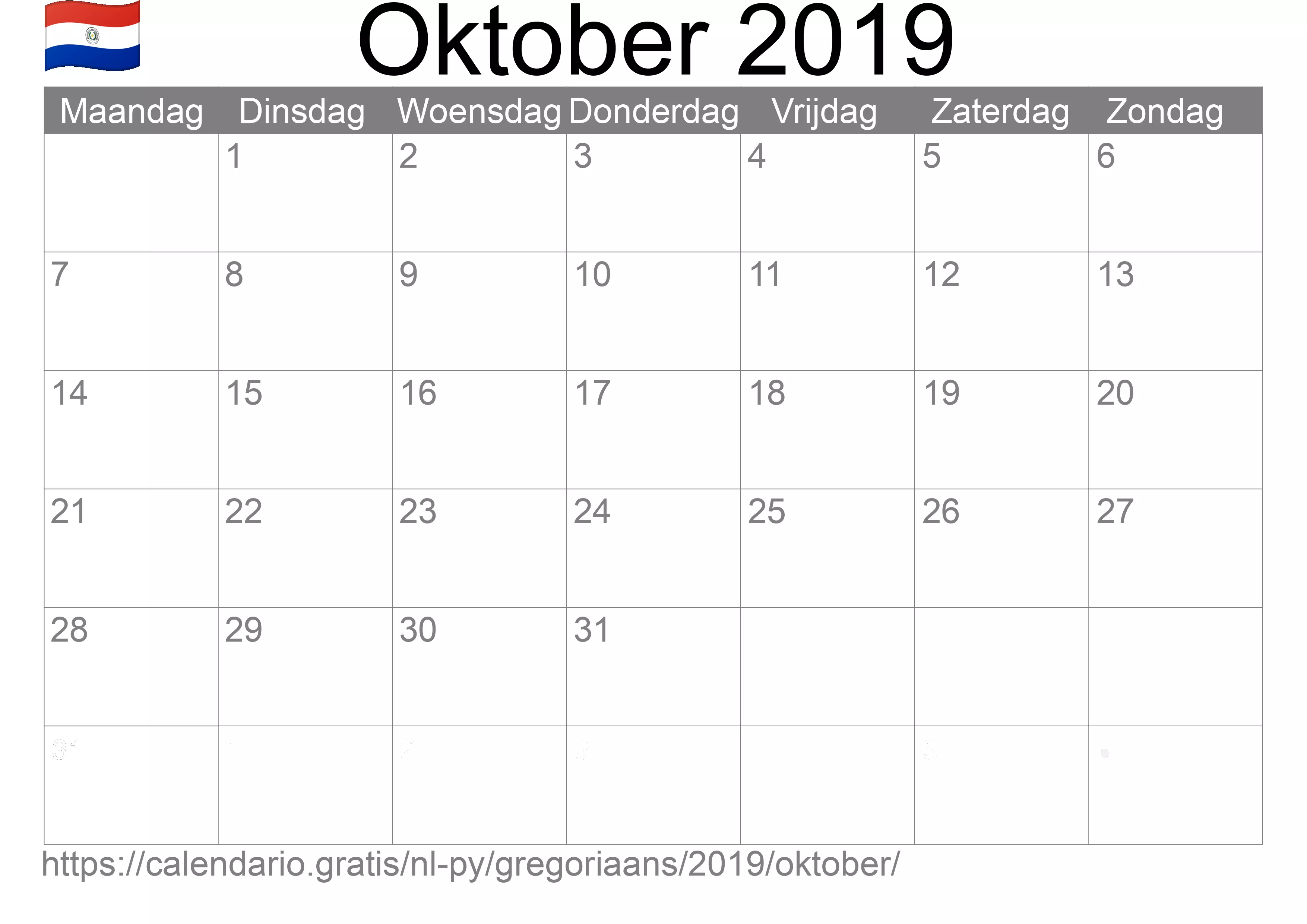 Kalender Oktober 2019 om af te drukken (Paraguay)