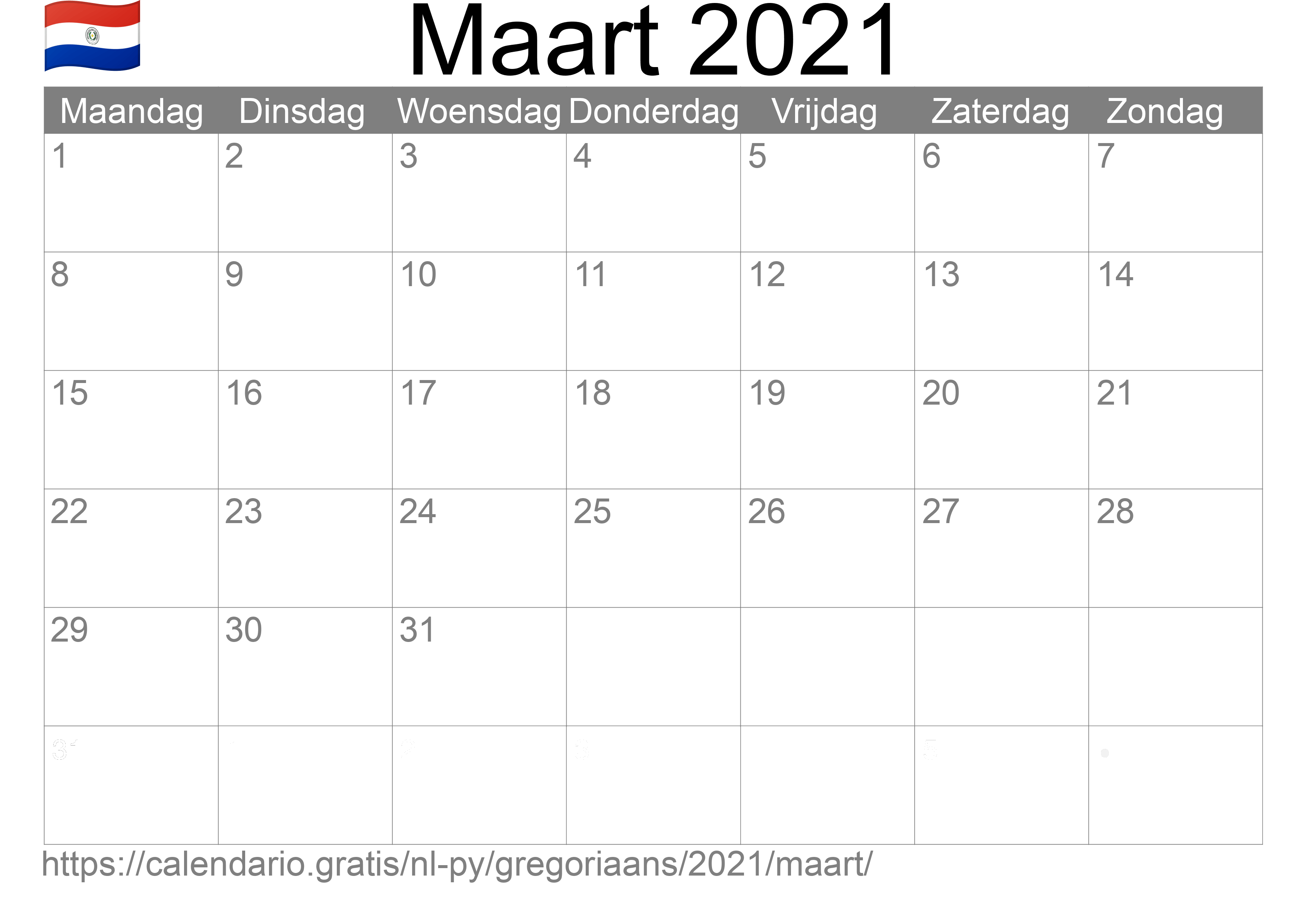 Kalender Maart 2021 om af te drukken