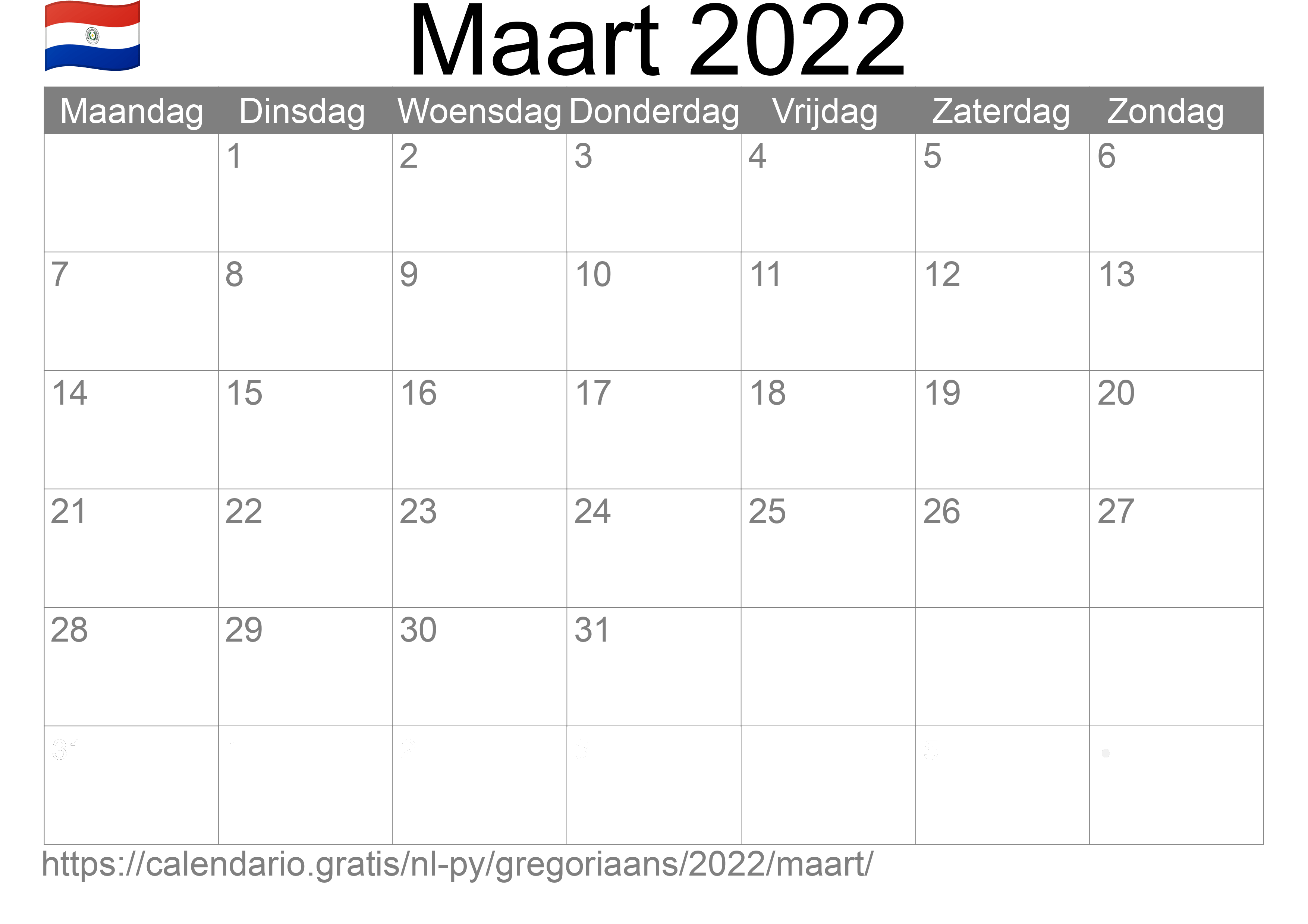 Kalender Maart 2022 om af te drukken