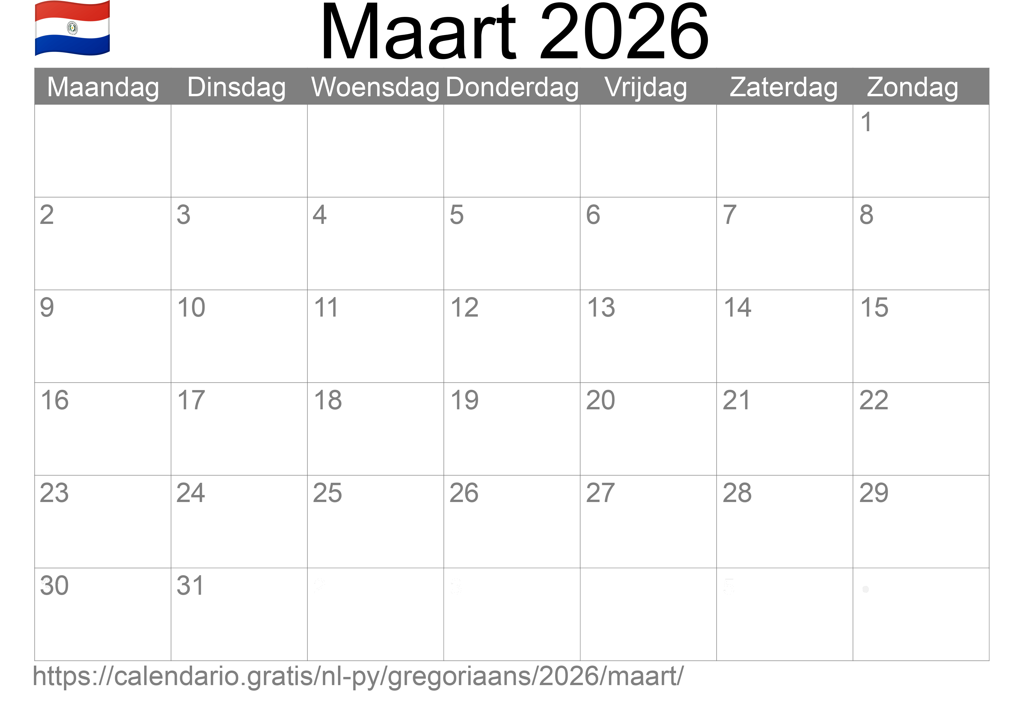 Kalender Maart 2026 om af te drukken