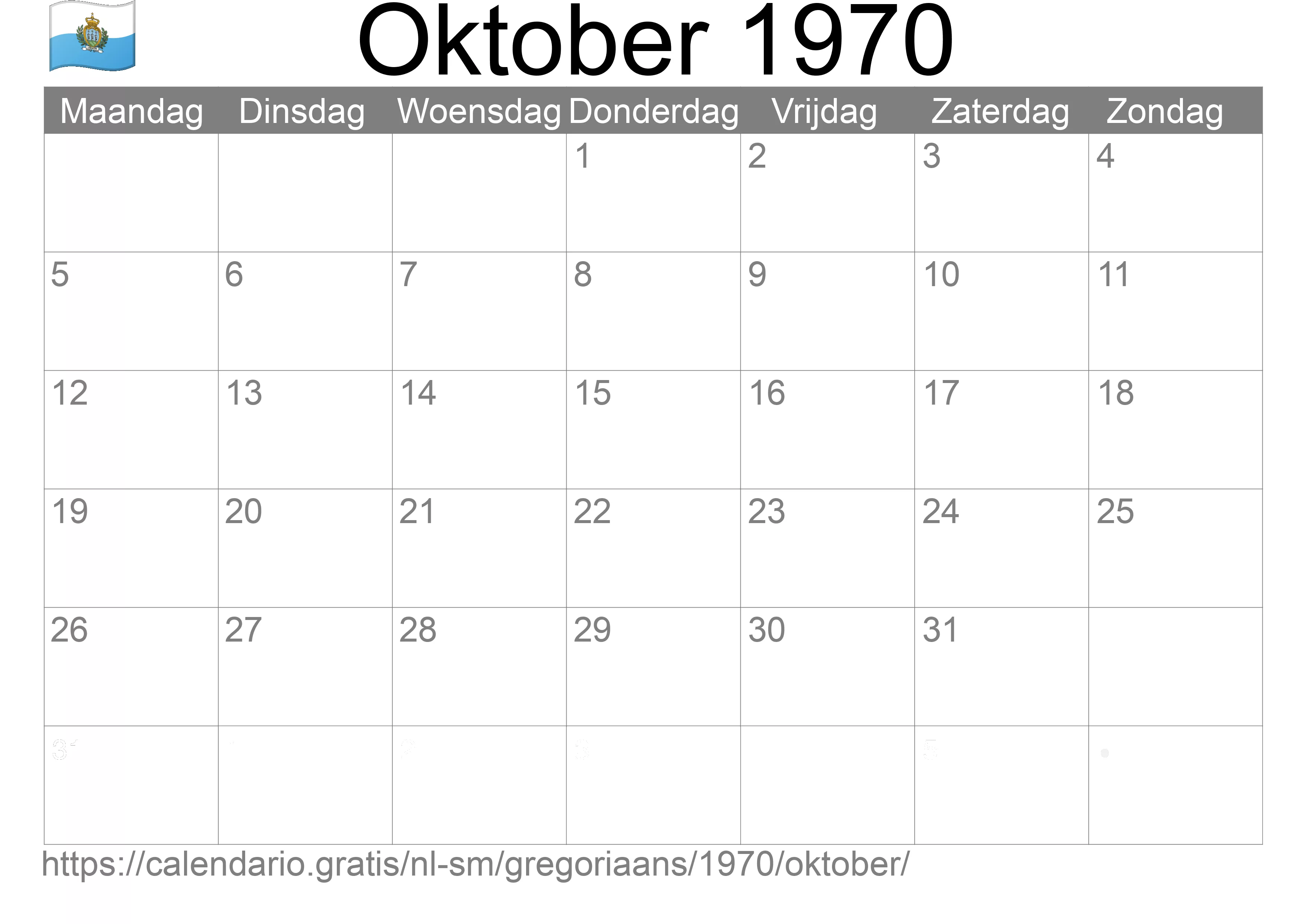 Kalender Oktober 1970 om af te drukken (San Marino)